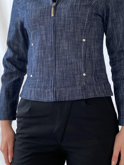 Vintage 123 BLEU Women’s Zip up Denim White Stitch Navy Top - S - Balagan Vintage Full Sleeve Top Ayah, colored denim, denim, denim top