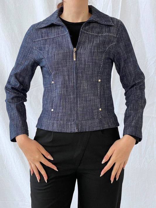 Vintage 123 BLEU Women’s Zip up Denim White Stitch Navy Top - S - Balagan Vintage Full Sleeve Top Ayah, colored denim, denim, denim top