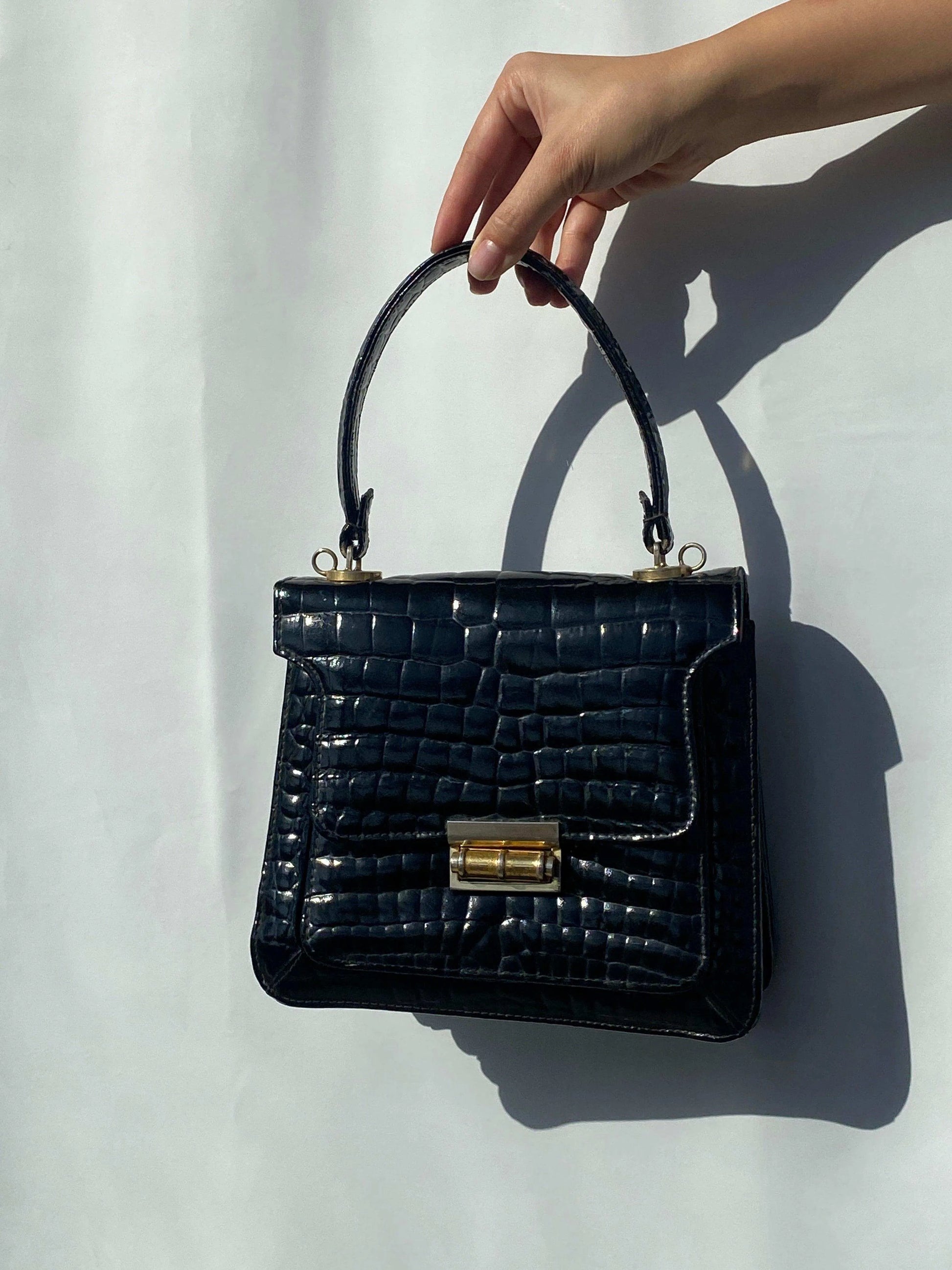 Vintage 1970's Glam Black Patent Leather Purse - Balagan Vintage Bags 80s, bag, black leather, genuine leather, handbag