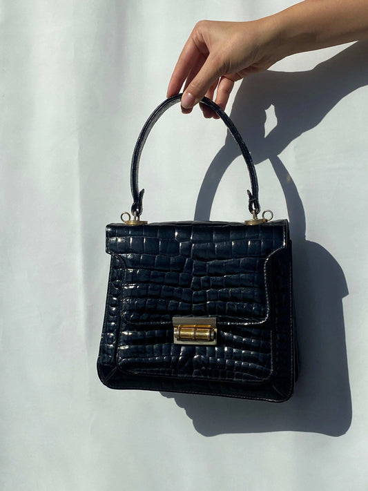 Vintage 1970's Glam Black Patent Leather Purse - Balagan Vintage Bags 80s, bag, black leather, genuine leather, handbag