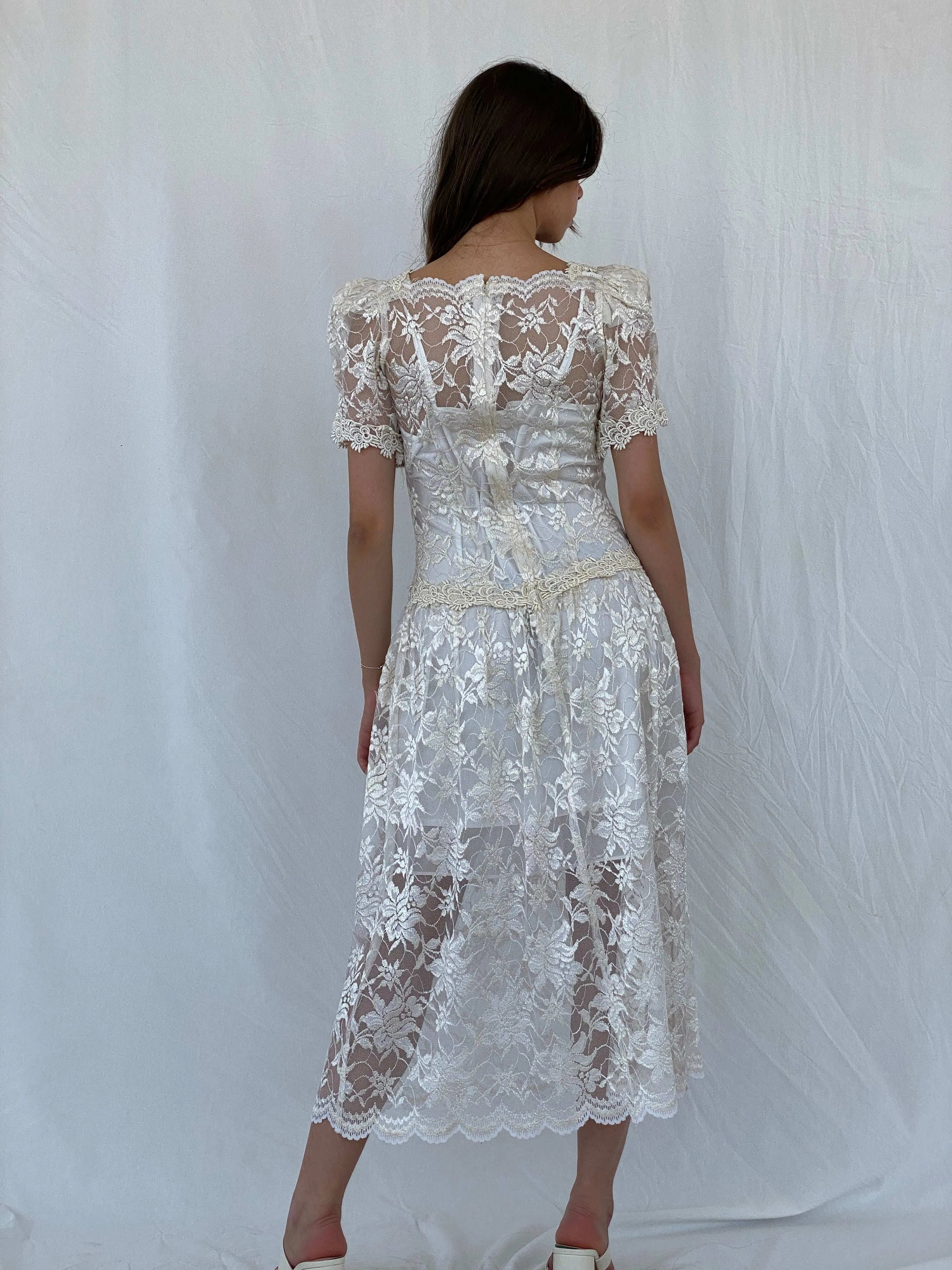 Vintage 1980‘s Art Deco Floral Lace Midi Dress - S - Balagan Vintage Midi Dress 00s, 90s, dress, midi dress, Mira, rare find, Wedding Guest