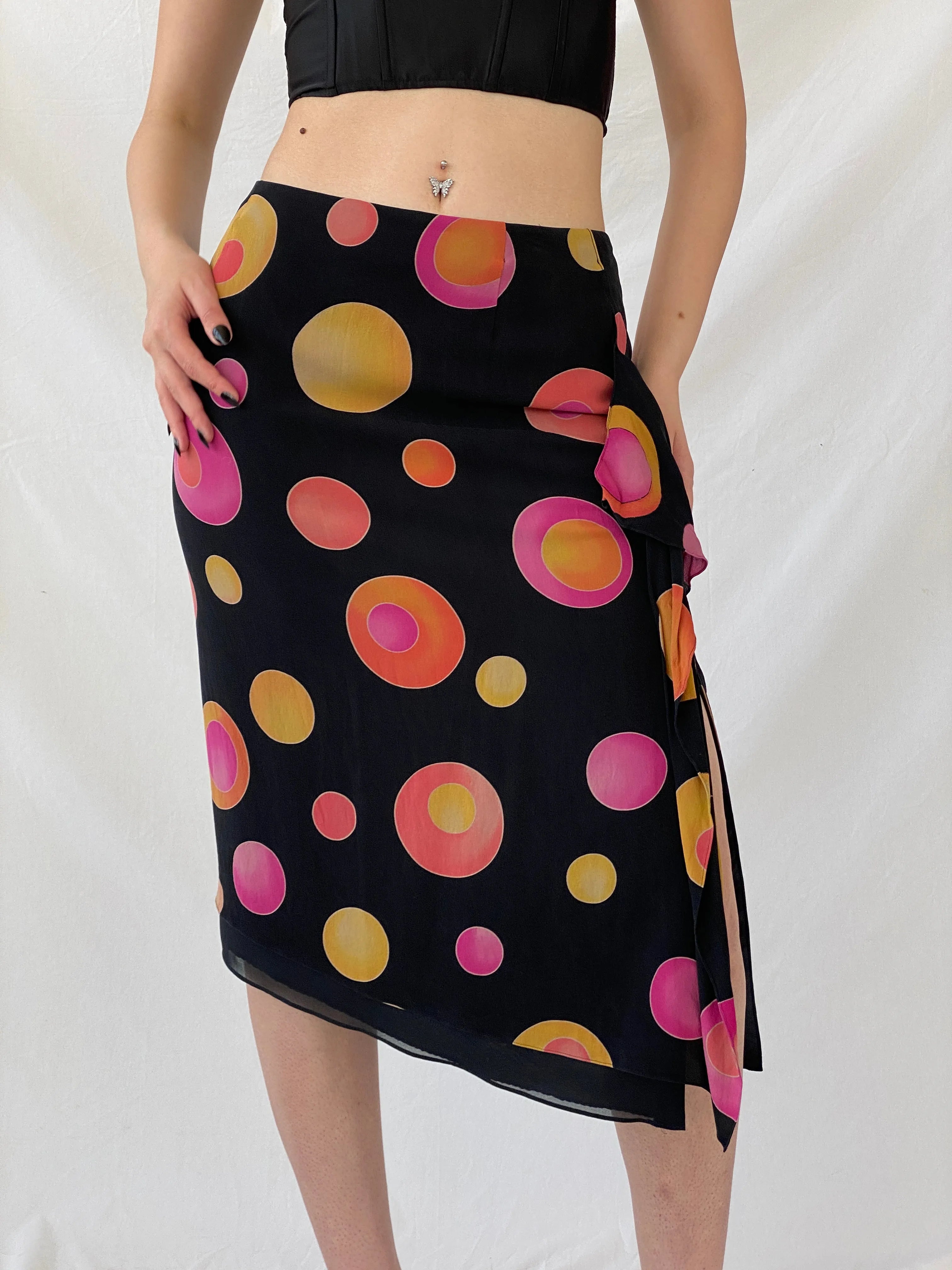 Vintage 1990s Louis Féraud Silk Dot Midi Black Groovy Skirt with Colorful Circles and Side Slits - M - Balagan Vintage Midi Skirt 90s, Ayah, designer, midi skirt, rare find, rare vintage, skirt, women skirt
