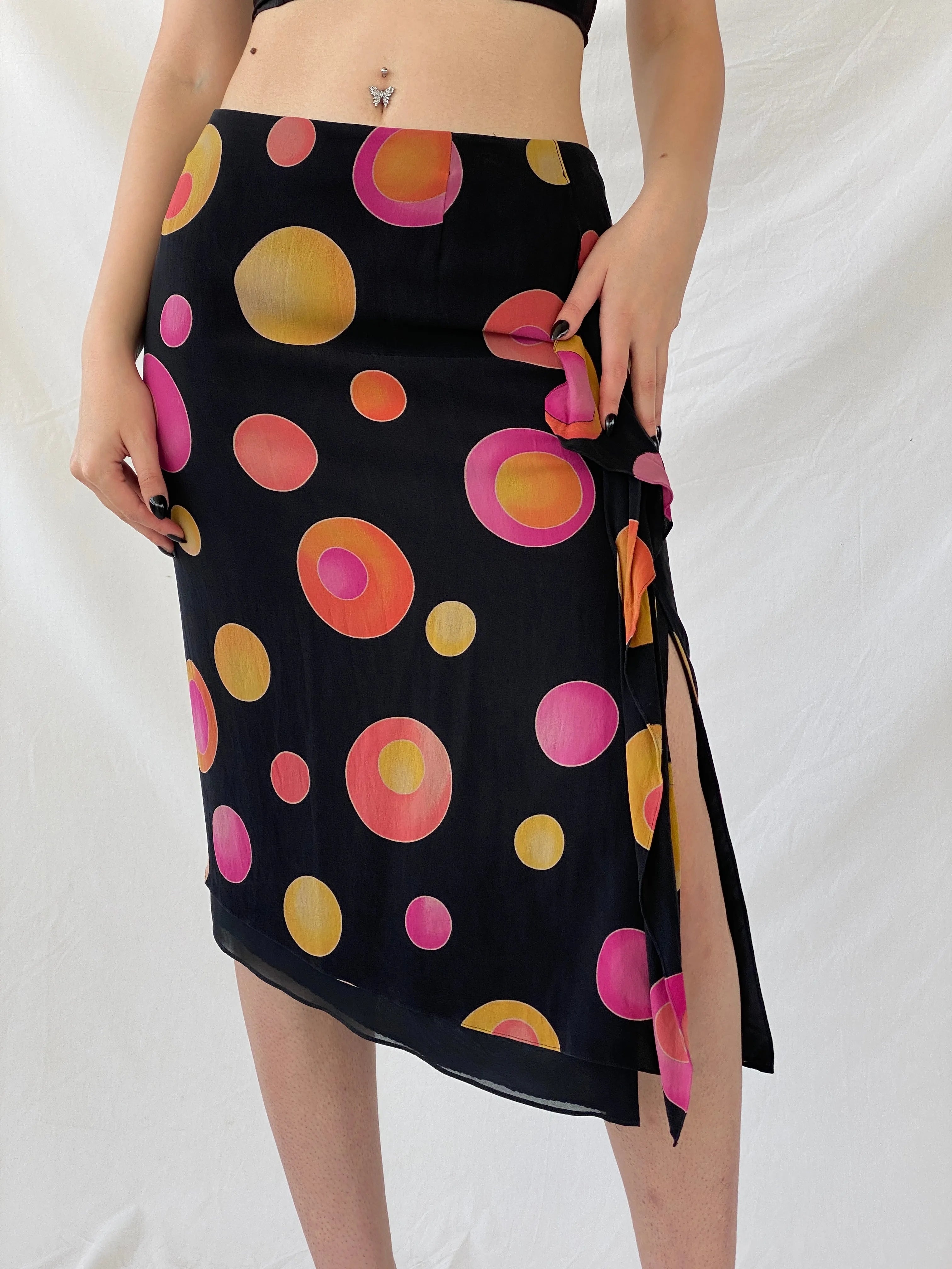 Vintage 1990s Louis Féraud Silk Dot Midi Black Groovy Skirt with Colorful Circles and Side Slits - M - Balagan Vintage Midi Skirt 90s, Ayah, designer, midi skirt, rare find, rare vintage, skirt, women skirt
