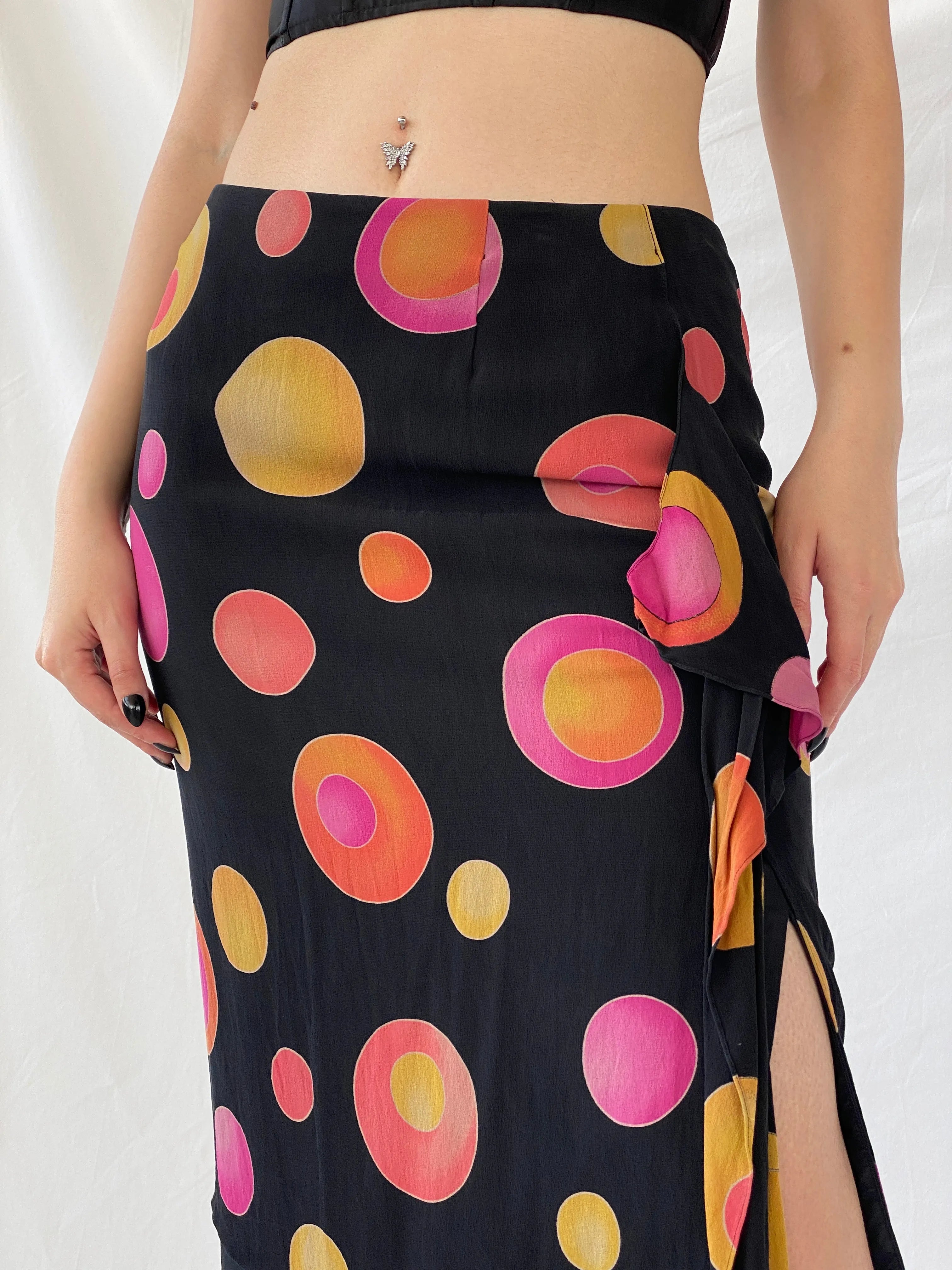 Vintage 1990s Louis Féraud Silk Dot Midi Black Groovy Skirt with Colorful Circles and Side Slits - M - Balagan Vintage Midi Skirt 90s, Ayah, designer, midi skirt, rare find, rare vintage, skirt, women skirt