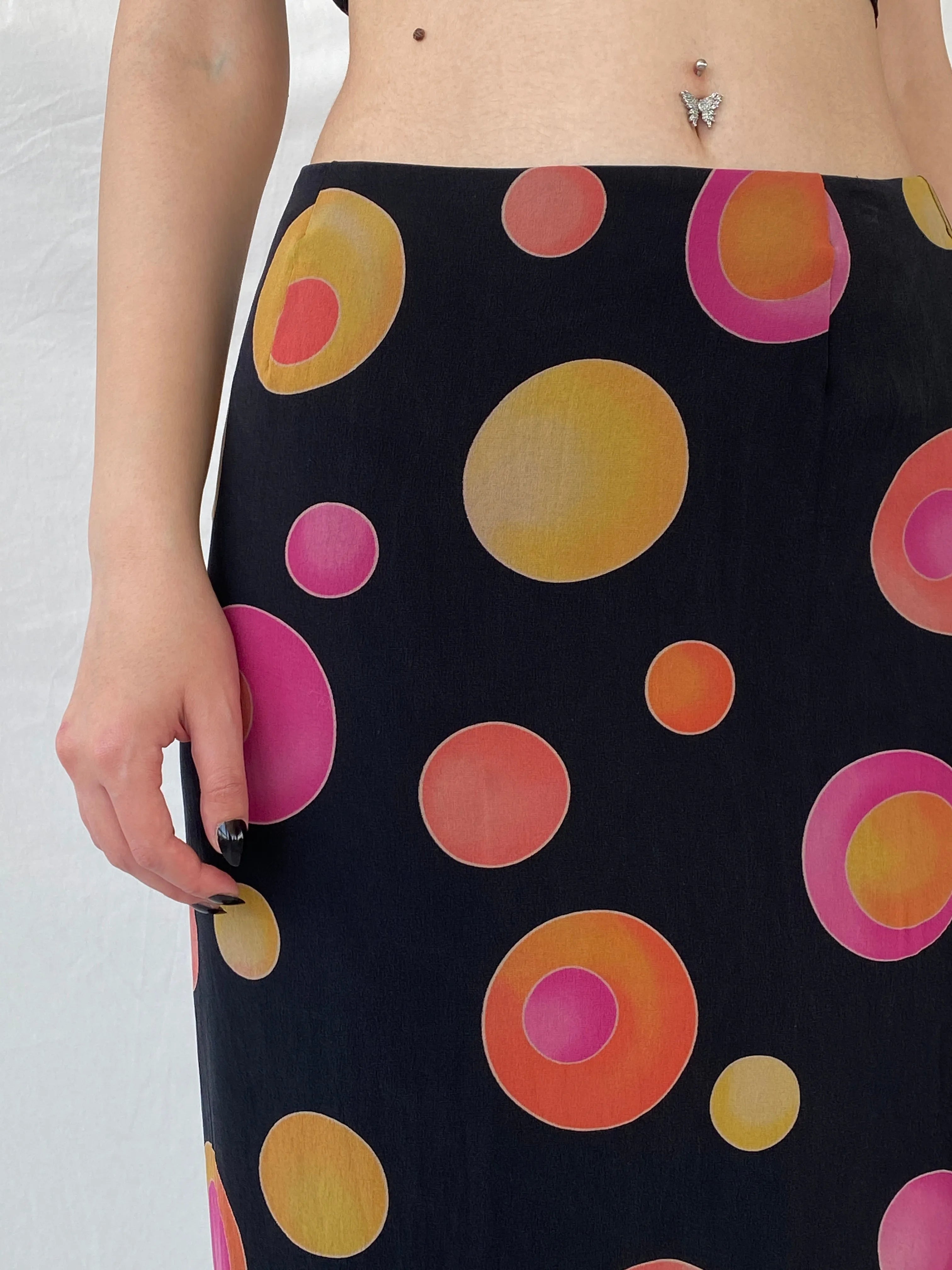 Vintage 1990s Louis Féraud Silk Dot Midi Black Groovy Skirt with Colorful Circles and Side Slits - M - Balagan Vintage Midi Skirt 90s, Ayah, designer, midi skirt, rare find, rare vintage, skirt, women skirt