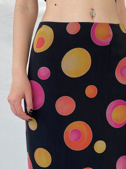 Vintage 1990s Louis Féraud Silk Dot Midi Black Groovy Skirt with Colorful Circles and Side Slits - M - Balagan Vintage Midi Skirt 90s, Ayah, designer, midi skirt, rare find, rare vintage, skirt, women skirt