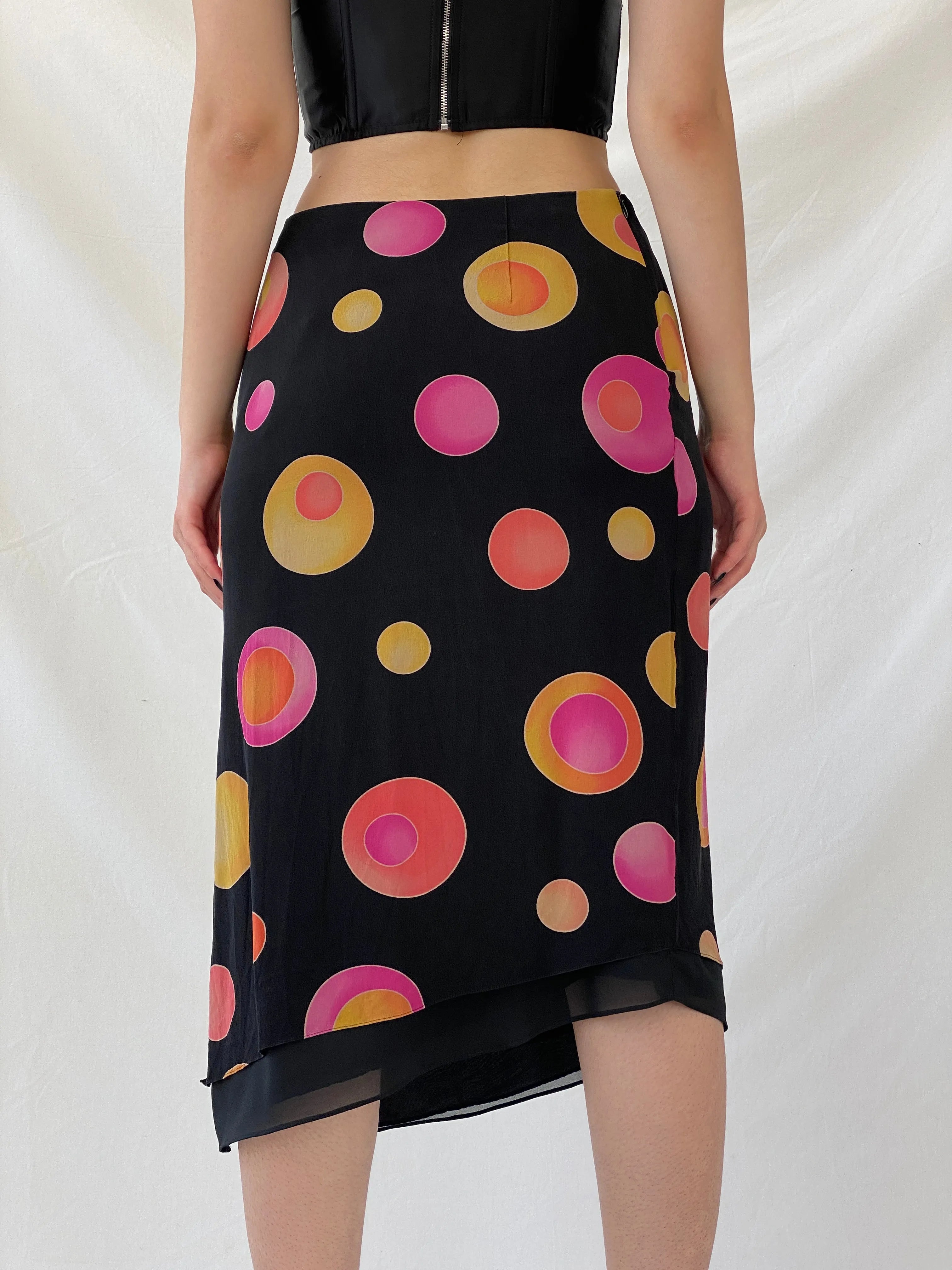 Vintage 1990s Louis Féraud Silk Dot Midi Black Groovy Skirt with Colorful Circles and Side Slits - M - Balagan Vintage Midi Skirt 90s, Ayah, designer, midi skirt, rare find, rare vintage, skirt, women skirt