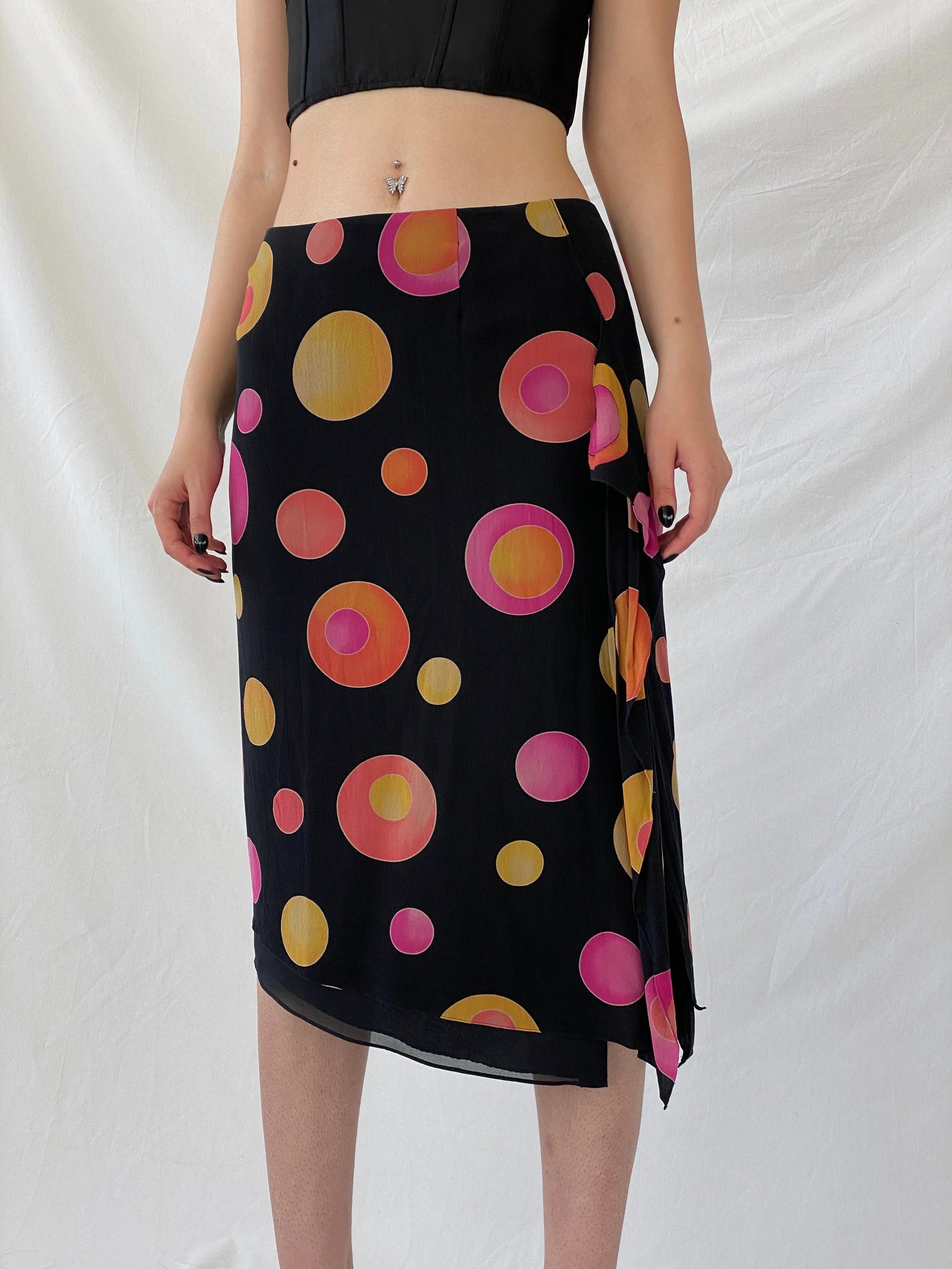 Vintage 1990s Louis Féraud Silk Dot Midi Black Groovy Skirt with Colorful Circles and Side Slits - M - Balagan Vintage Midi Skirt 90s, Ayah, designer, midi skirt, rare find, rare vintage, skirt, women skirt