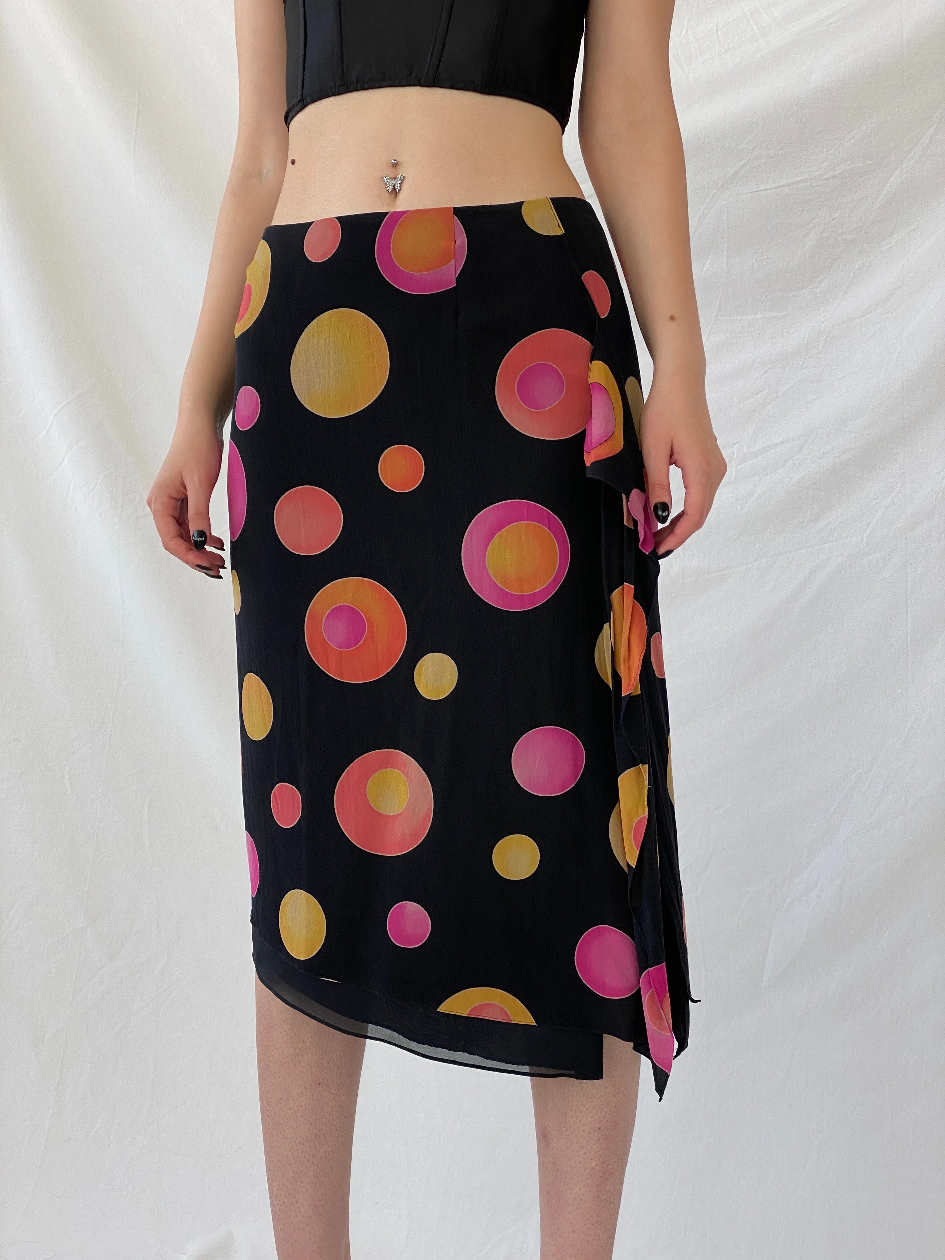 Vintage 1990s Louis Féraud Silk Dot Midi Black Groovy Skirt with Colorful Circles and Side Slits - M - Balagan Vintage Midi Skirt 90s, Ayah, designer, midi skirt, rare find, rare vintage, skirt, women skirt