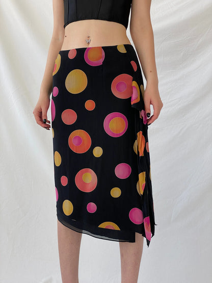 Vintage 1990s Louis Féraud Silk Dot Midi Black Groovy Skirt with Colorful Circles and Side Slits - M - Balagan Vintage Midi Skirt 90s, Ayah, designer, midi skirt, rare find, rare vintage, skirt, women skirt