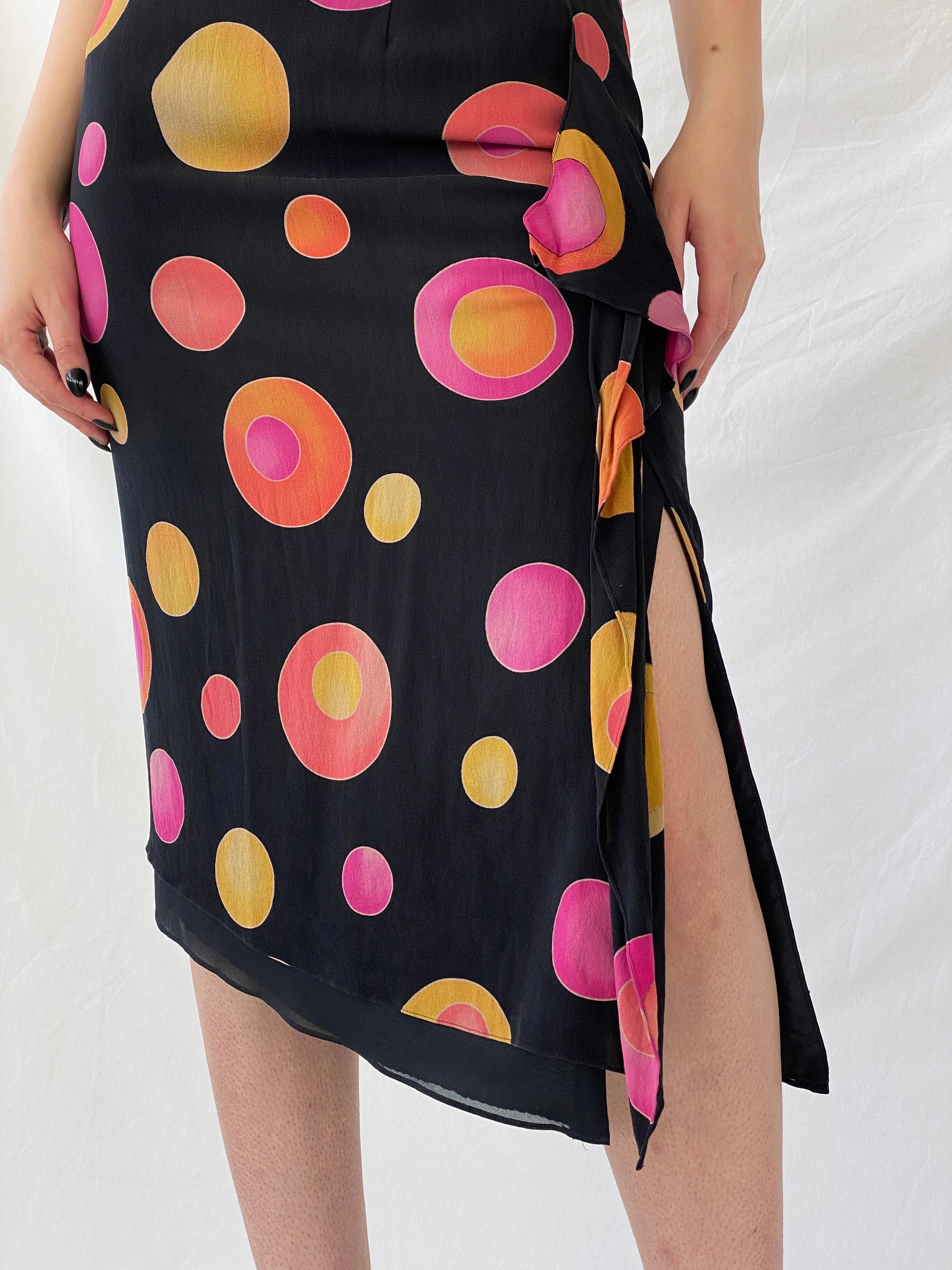 Vintage 1990s Louis Féraud Silk Dot Midi Black Groovy Skirt with Colorful Circles and Side Slits - M - Balagan Vintage Midi Skirt 90s, Ayah, designer, midi skirt, rare find, rare vintage, skirt, women skirt