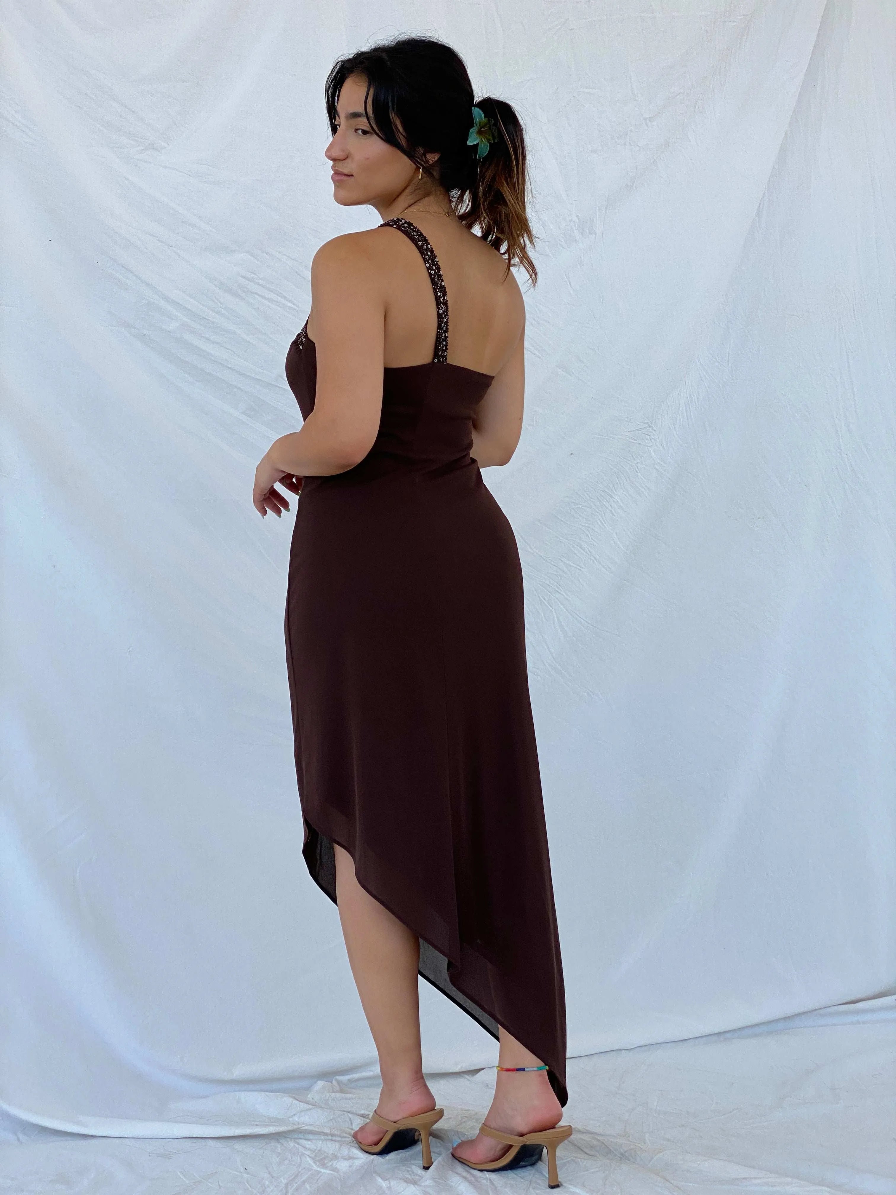 Vintage 1995 Caché One Shoulder Beaded Brown Asymmetric Dress - M - Balagan Vintage Midi Dress 00s, 90s dress, Lana, midi dress, summer, Wedding Guest