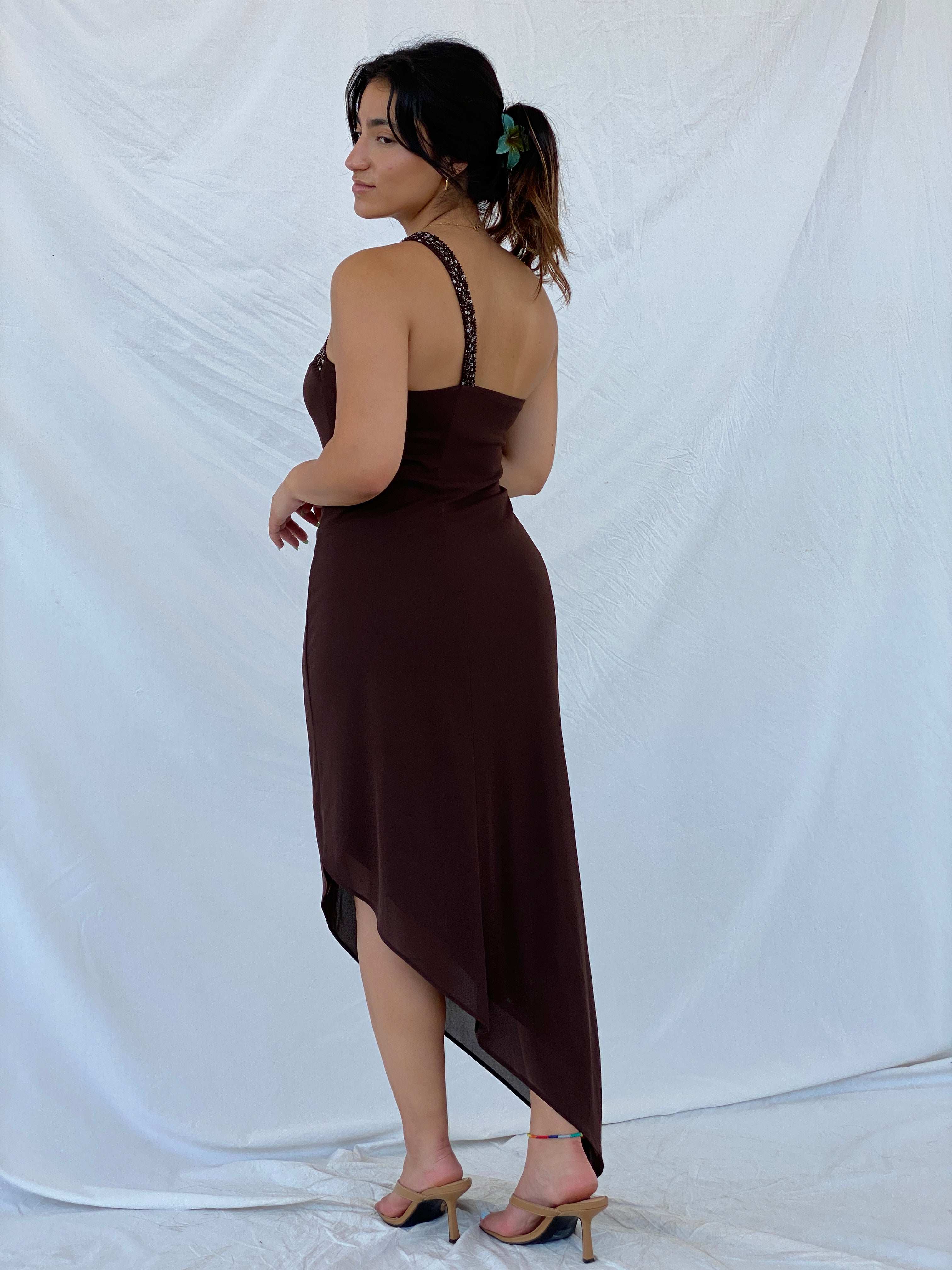 Vintage 1995 Caché One Shoulder Beaded Brown Asymmetric Dress - M - Balagan Vintage Midi Dress 00s, 90s dress, Lana, midi dress, summer, Wedding Guest