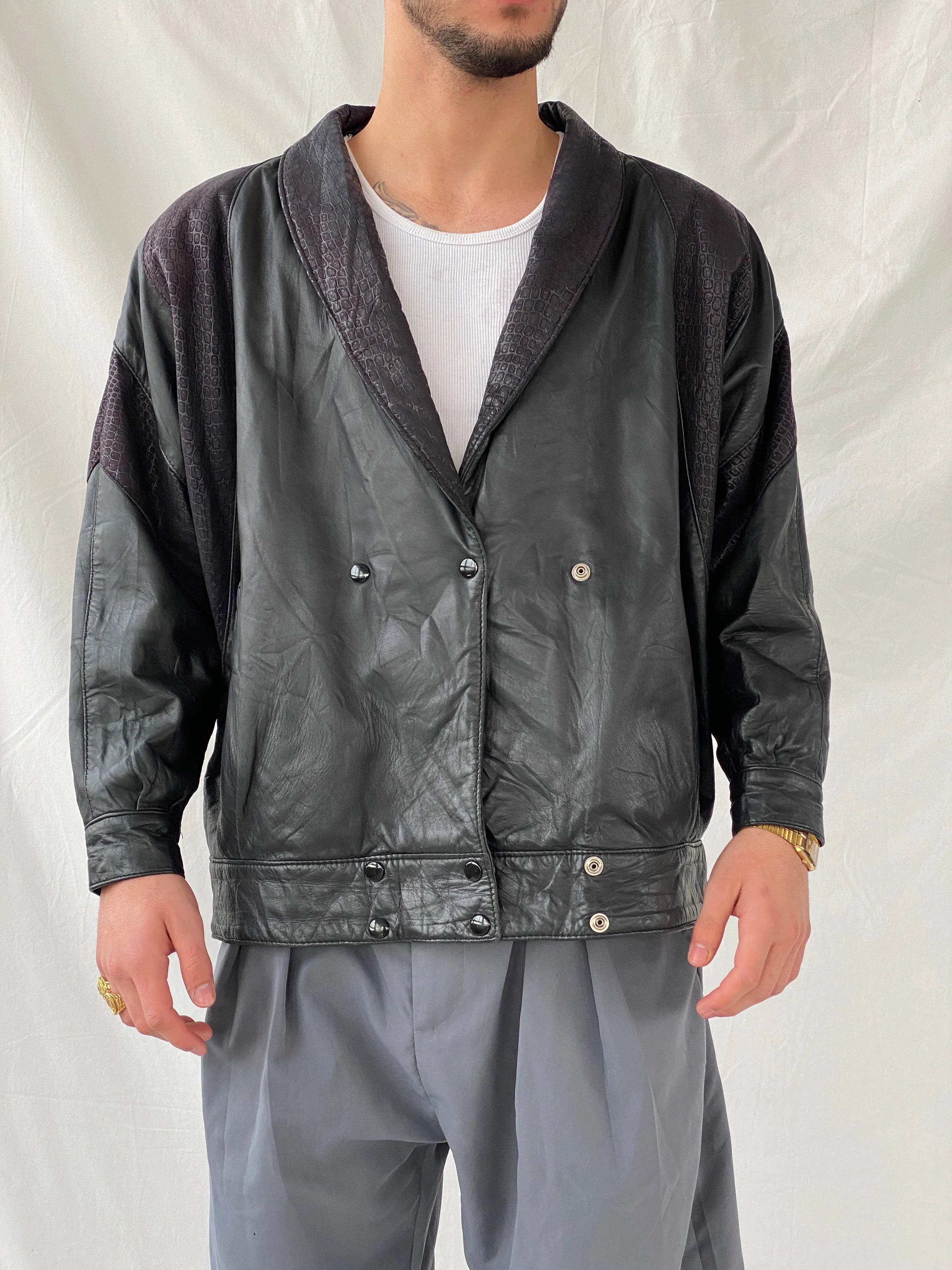 Vintage 70s Wm. Chris Genuine Leather Bomber Jacket With Snake Texture Details - M - Balagan Vintage Leather Jacket 90s, genuine leather, genuine leather jacket, Hamza, leather blazer, winter
