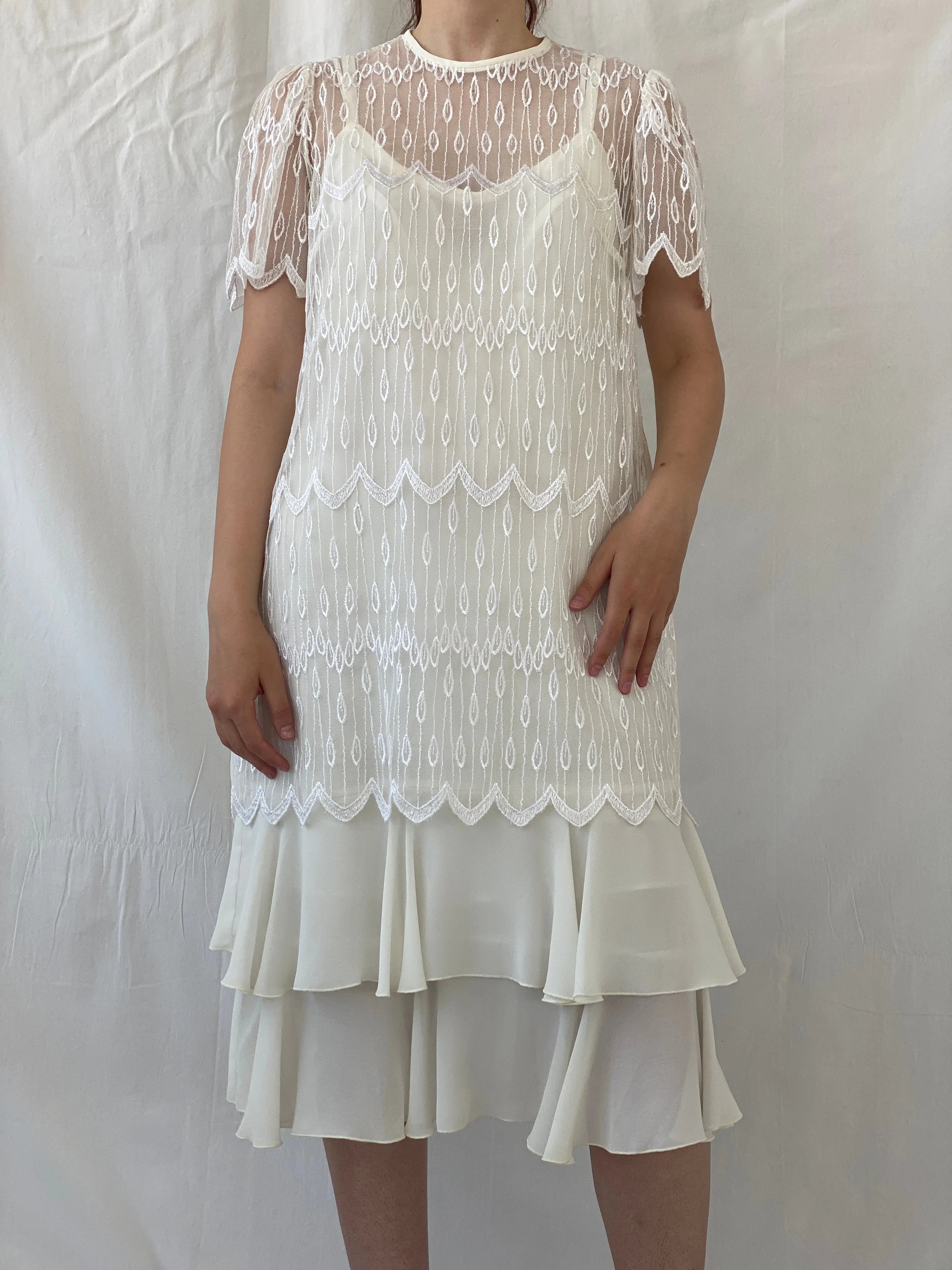 Vintage 70s/80s Gina Bacconi White Lace Gatsby Wedding Dress - XL - Balagan Vintage Midi Dress 90s, Ayah, dress, midi dress, vintage dress, Wedding Guest