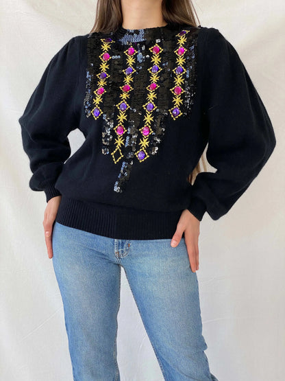 Vintage 80s Bonnie and Bill by Holly Black Beaded Sequin Sweater - L - Balagan Vintage Full Sleeve Top 00s, 90s, full sleeve top, Mira, winter