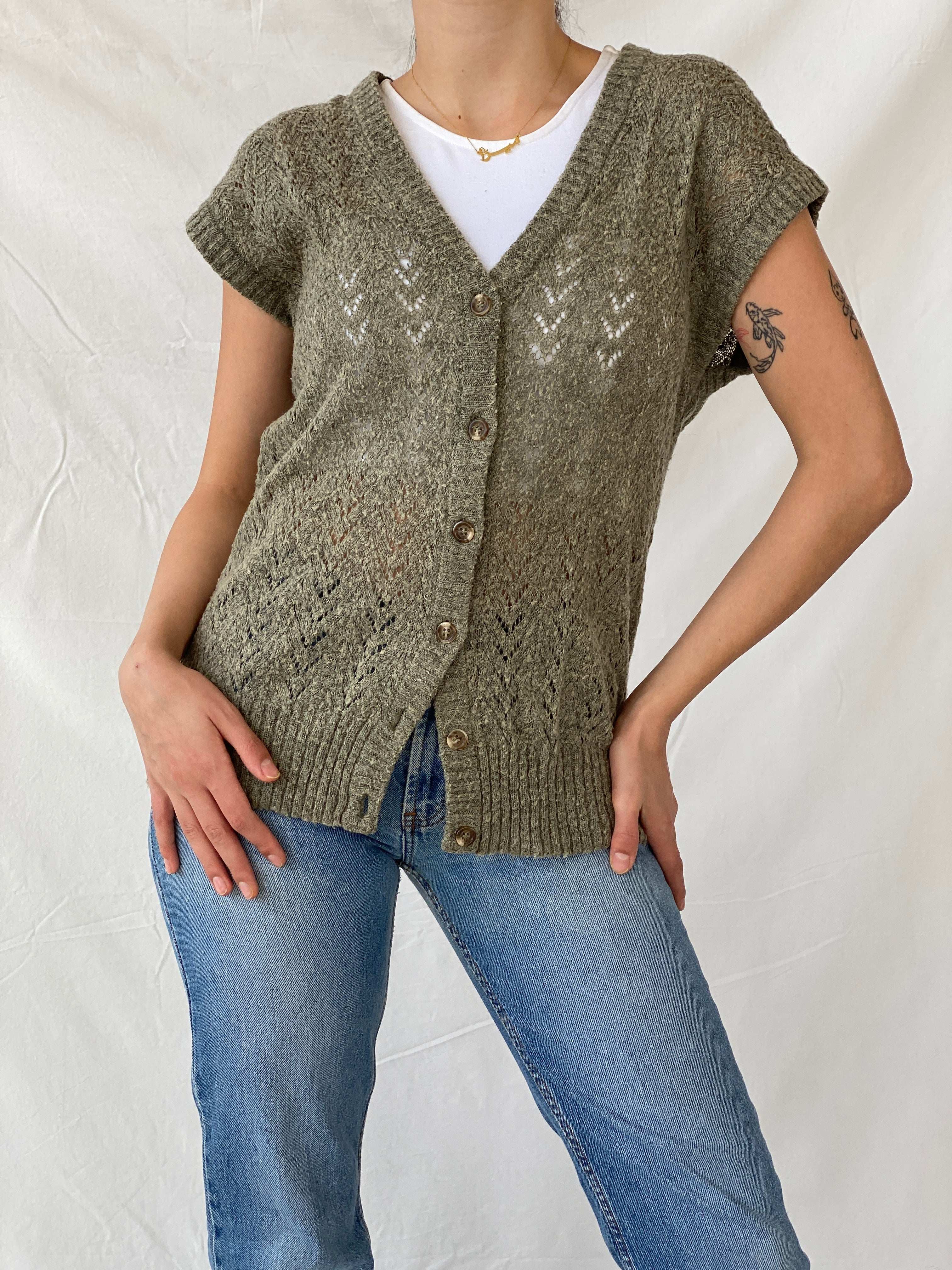 Vintage 80s Chiwitt Tricots Olive Green Knitted Crochet Vest - L - Balagan Vintage Vest 00s, crochet, Mira, vest, winter, women top