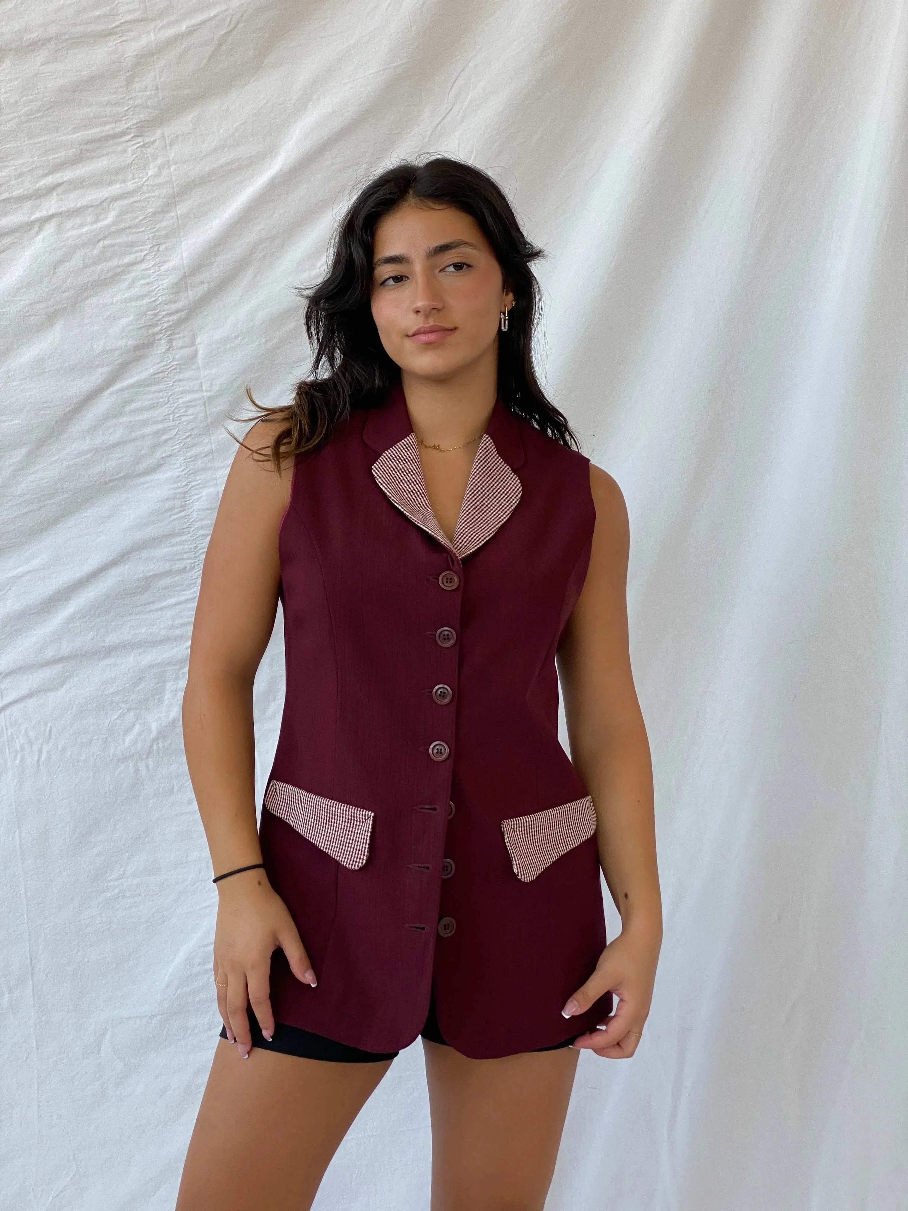Vintage 80s DiONNiNi Maroon Long Vest with Checkered Detailing - L - Balagan Vintage Vest 00s, Deals, Lana, summer, vest