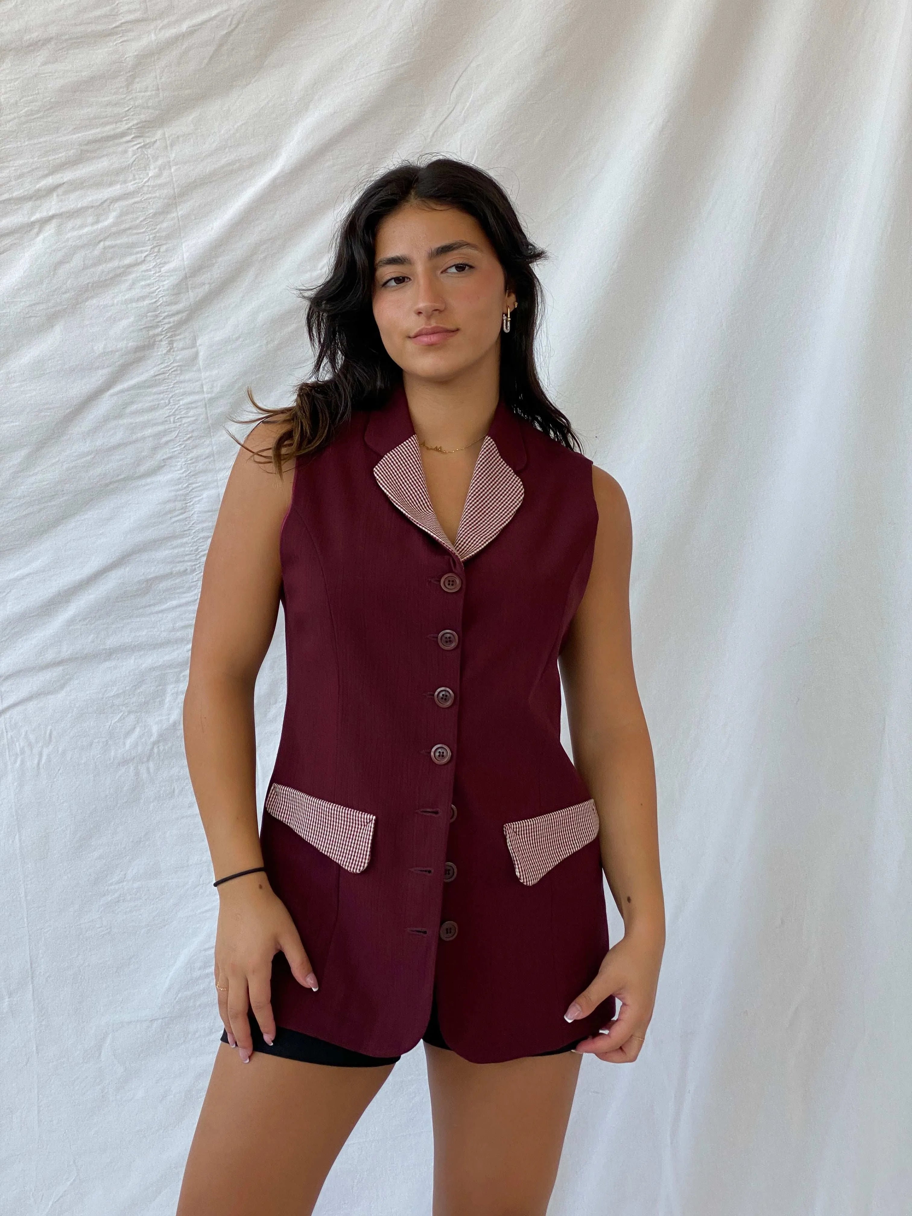 Vintage 80s DiONNiNi Maroon Long Vest with Checkered Detailing - L - Balagan Vintage Vest 00s, Lana, summer, vest