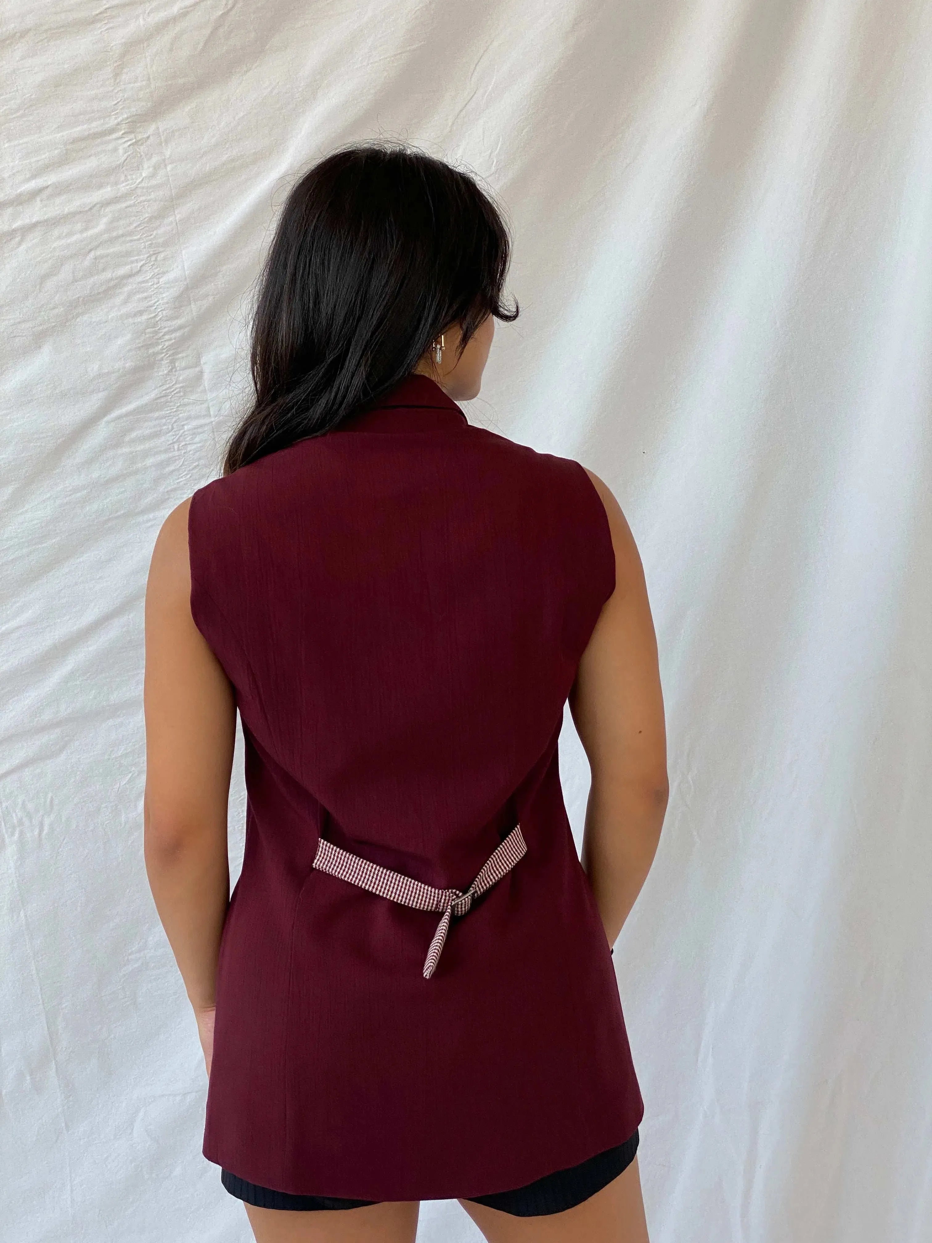 Vintage 80s DiONNiNi Maroon Long Vest with Checkered Detailing - L - Balagan Vintage Vest 00s, Deals, Lana, summer, vest