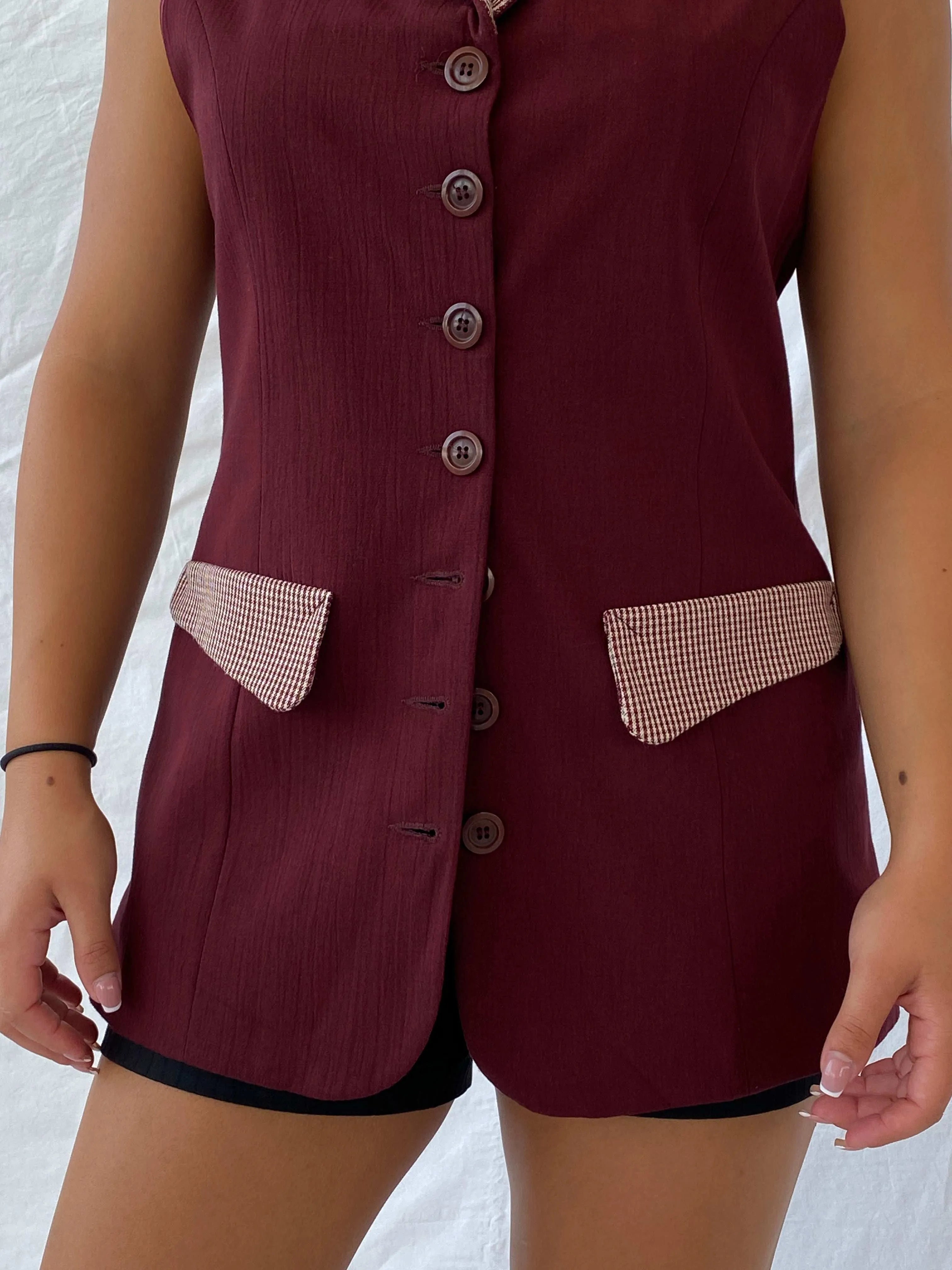 Vintage 80s DiONNiNi Maroon Long Vest with Checkered Detailing - L - Balagan Vintage Vest 00s, Lana, summer, vest