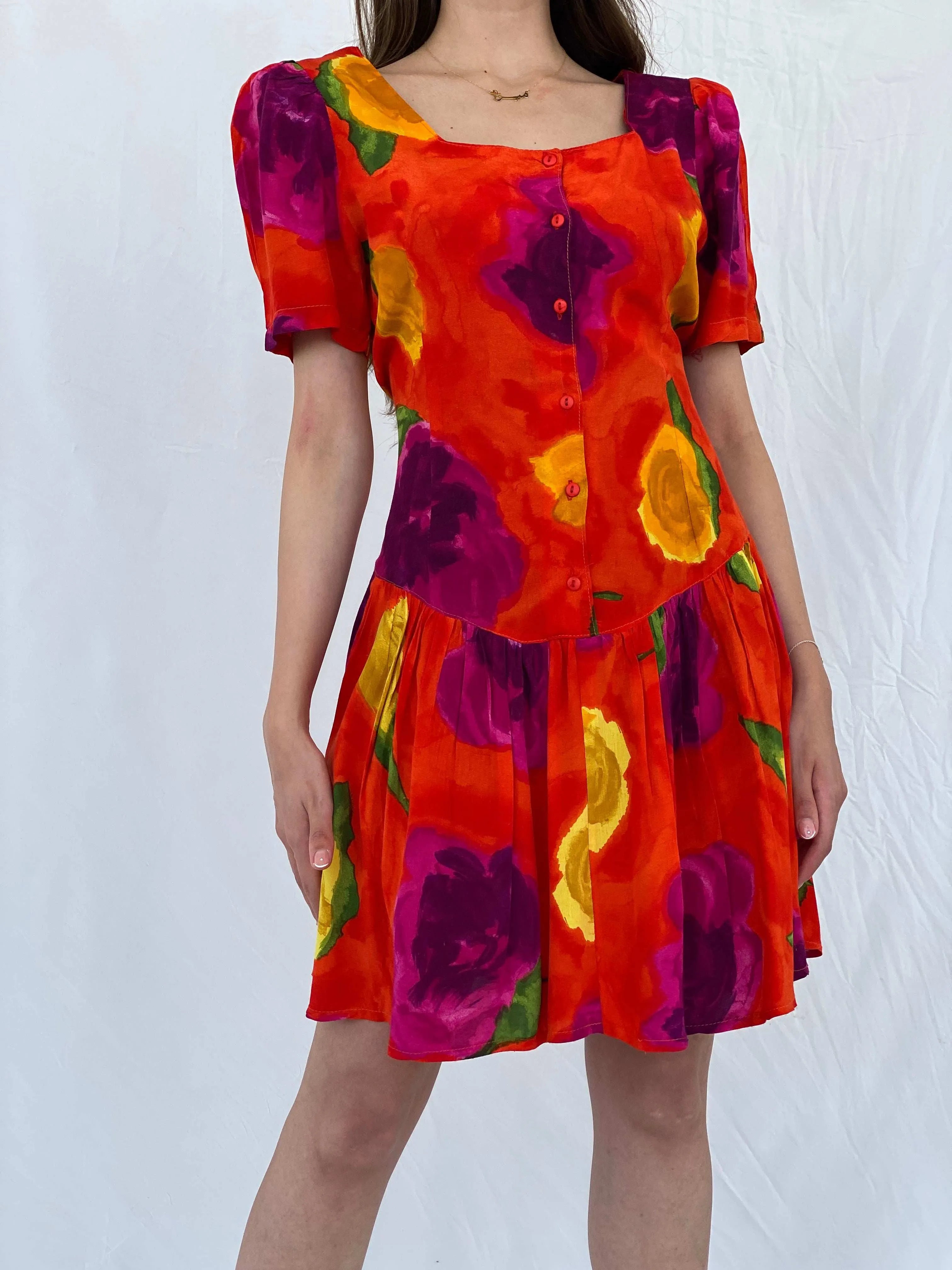 Vintage 80s La Li T Orange Floral Midi Dress - L - Balagan Vintage Midi Dress 80s, floral dress, midi dress, Mira, Wedding Guest