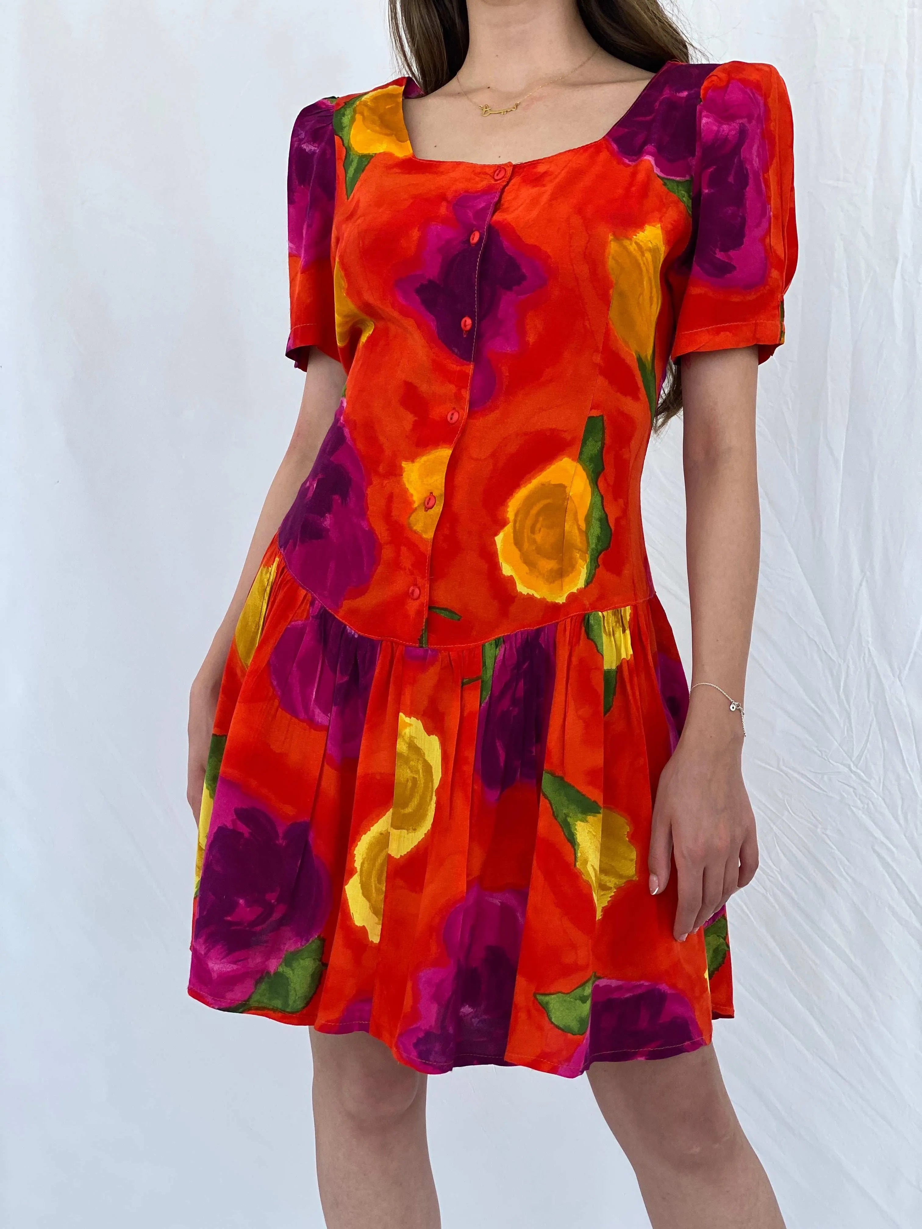 Vintage 80s La Li T Orange Floral Midi Dress - L - Balagan Vintage Midi Dress 80s, floral dress, midi dress, Mira, Wedding Guest