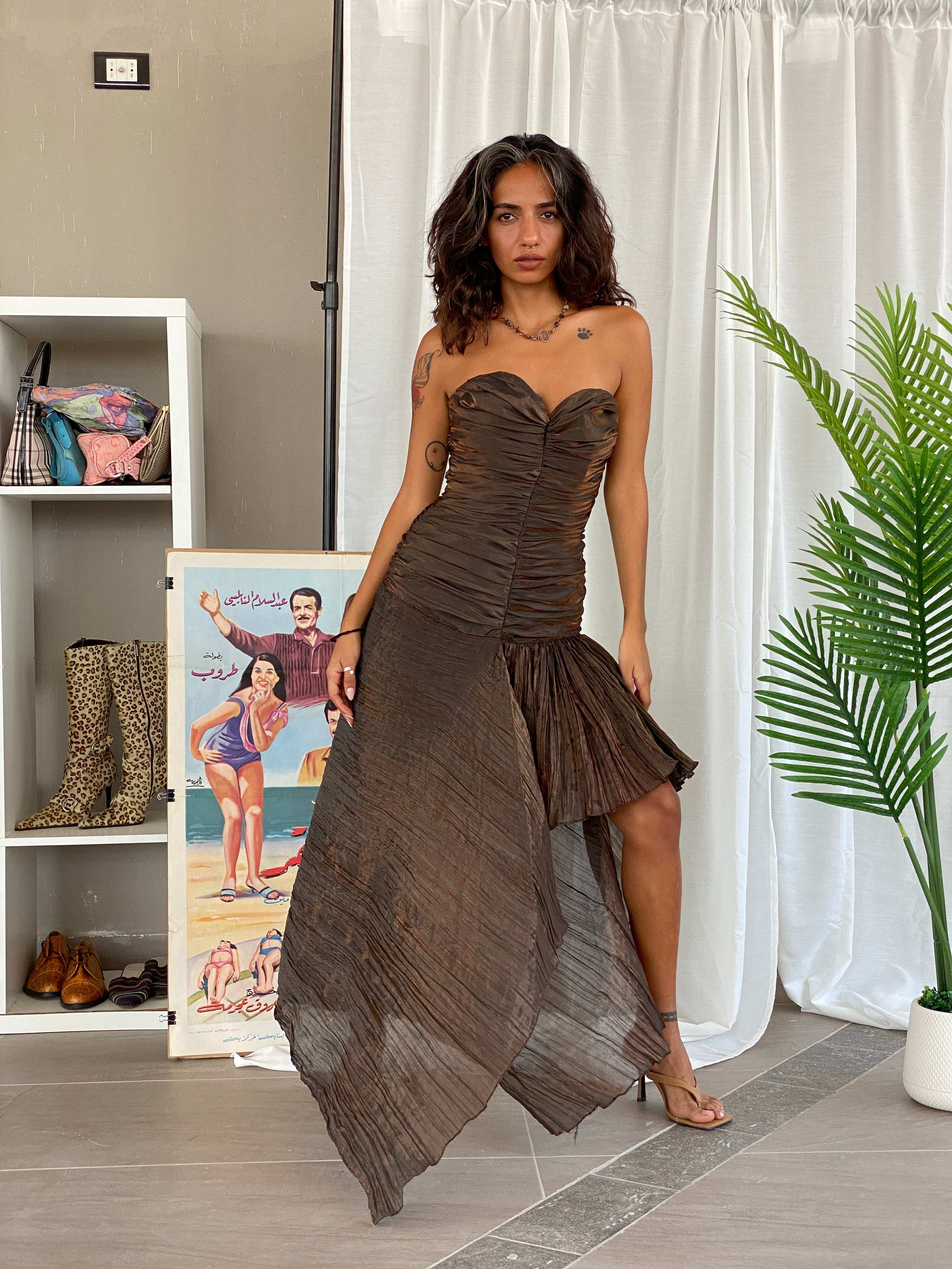 Vintage 80s Madiva Palais Royal Paris Metallic Brown Gown - S - Balagan Vintage Maxi Dress 00s, formal dress, formal gown, gown, maxi dress, Tojan, Wedding Guest, Y2K dress