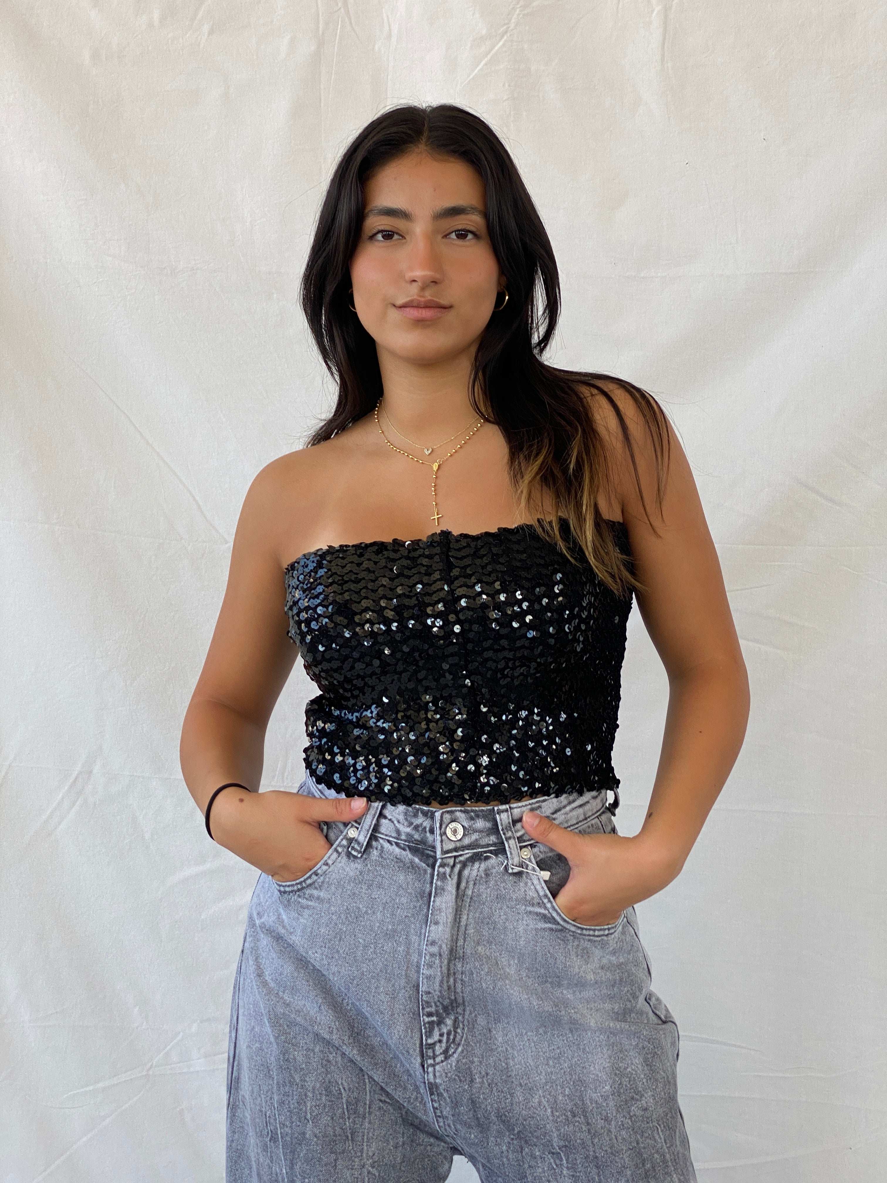 Vintage 80s MARC AUREL Sequin Black Bandeau Strapless Top - S - Balagan Vintage Strapless Top 00s, Lana, summer, Tube top, women top