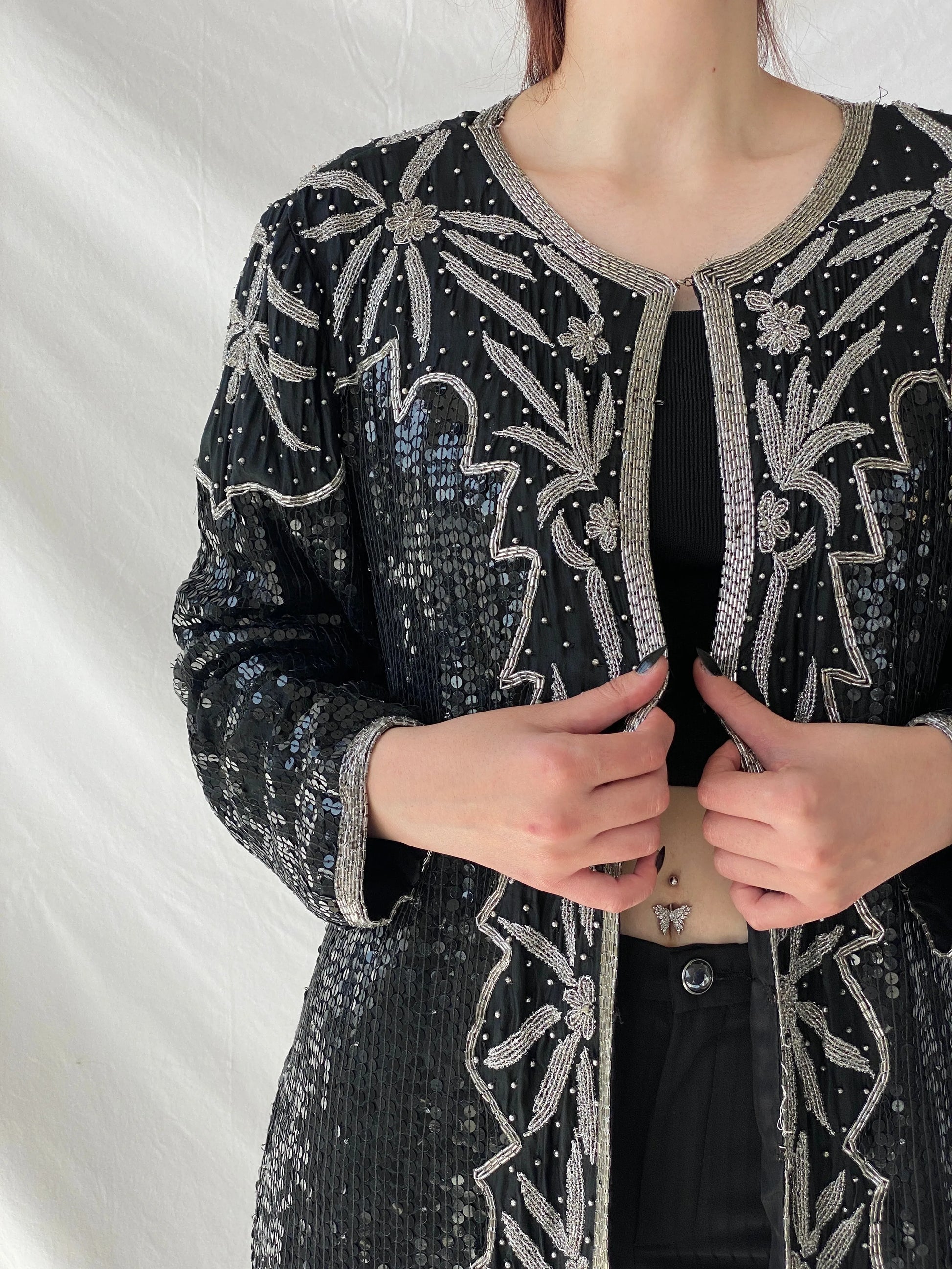 Vintage 80s Midnight Run Black Silver Sequin Beaded Silk Blazer Sparkle Party Jacket - XL - Balagan Vintage Blazer 00s, Ayah, beaded bag, Coats&Jackets, rare find, rare vintage, Women's Blazers