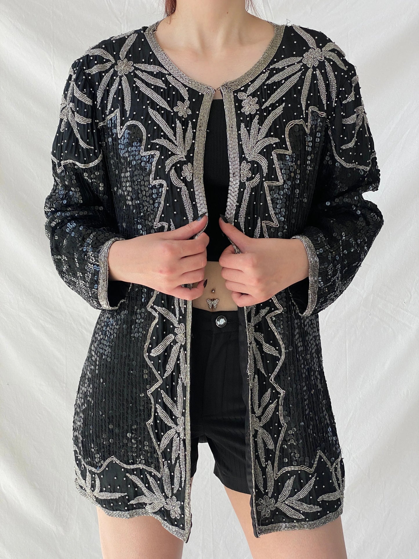 Vintage 80s Midnight Run Black Silver Sequin Beaded Silk Blazer Sparkle Party Jacket - XL - Balagan Vintage Blazer 00s, Ayah, beaded bag, Coats&Jackets, rare find, rare vintage, Women's Blazers