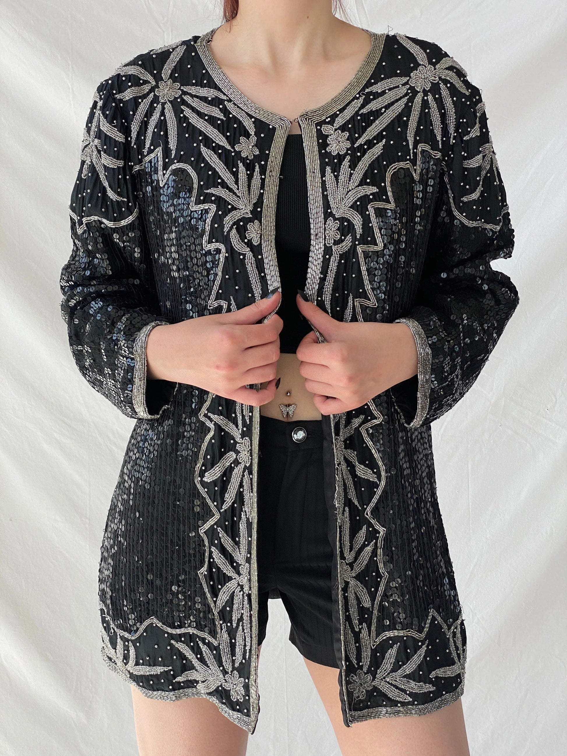 Vintage 80s Midnight Run Black Silver Sequin Beaded Silk Blazer Sparkle Party Jacket - XL - Balagan Vintage Blazer 00s, Ayah, beaded bag, Coats&Jackets, rare find, rare vintage, Women's Blazers