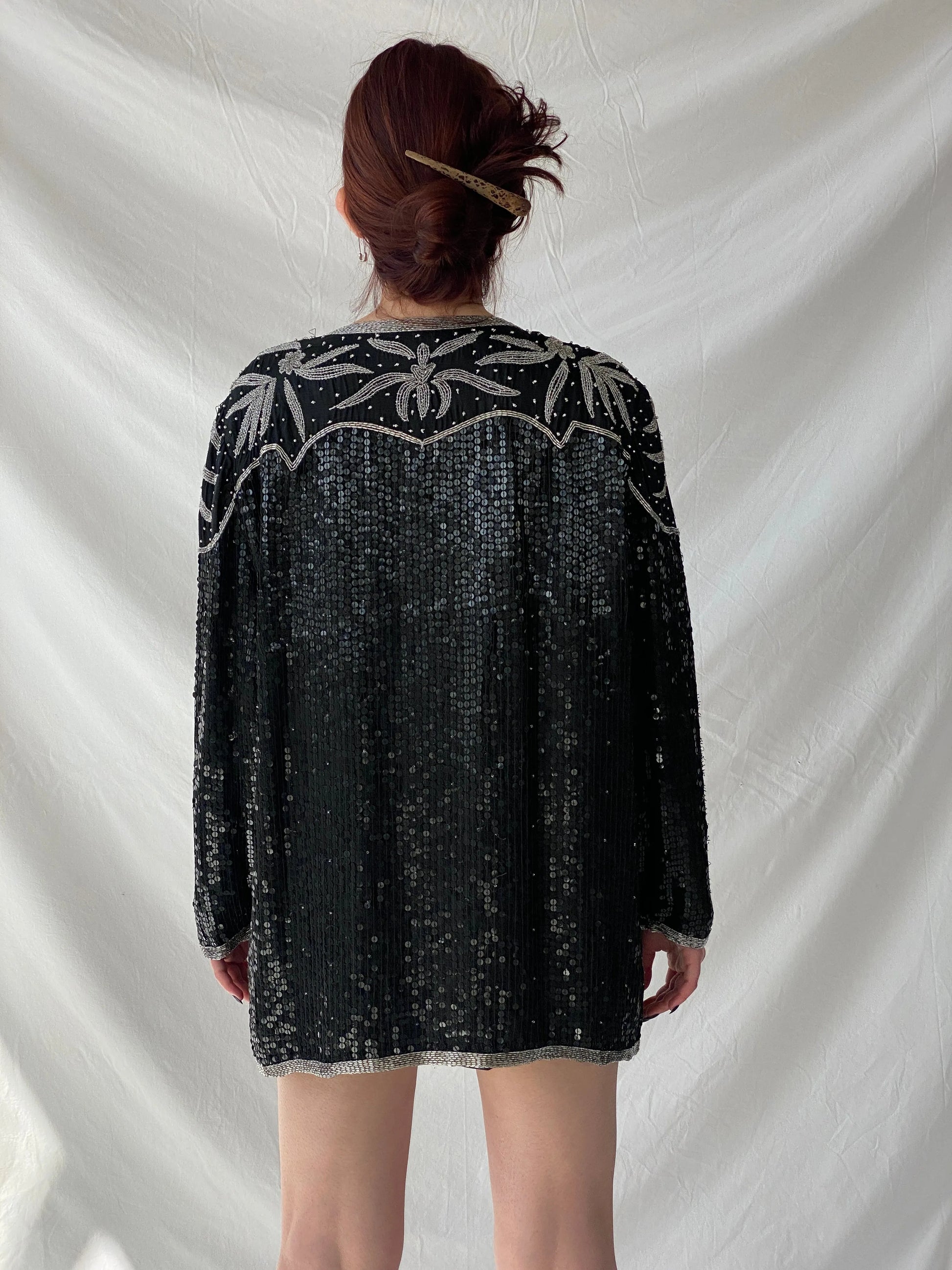 Vintage 80s Midnight Run Black Silver Sequin Beaded Silk Blazer Sparkle Party Jacket - XL - Balagan Vintage Blazer 00s, Ayah, beaded bag, Coats&Jackets, rare find, rare vintage, Women's Blazers