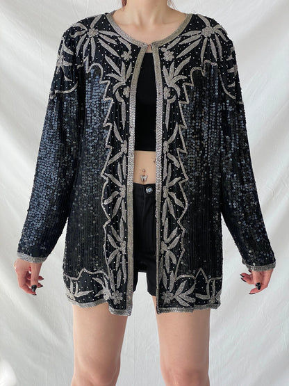 Vintage 80s Midnight Run Black Silver Sequin Beaded Silk Blazer Sparkle Party Jacket - XL - Balagan Vintage Blazer 00s, Ayah, beaded bag, Coats&Jackets, rare find, rare vintage, Women's Blazers