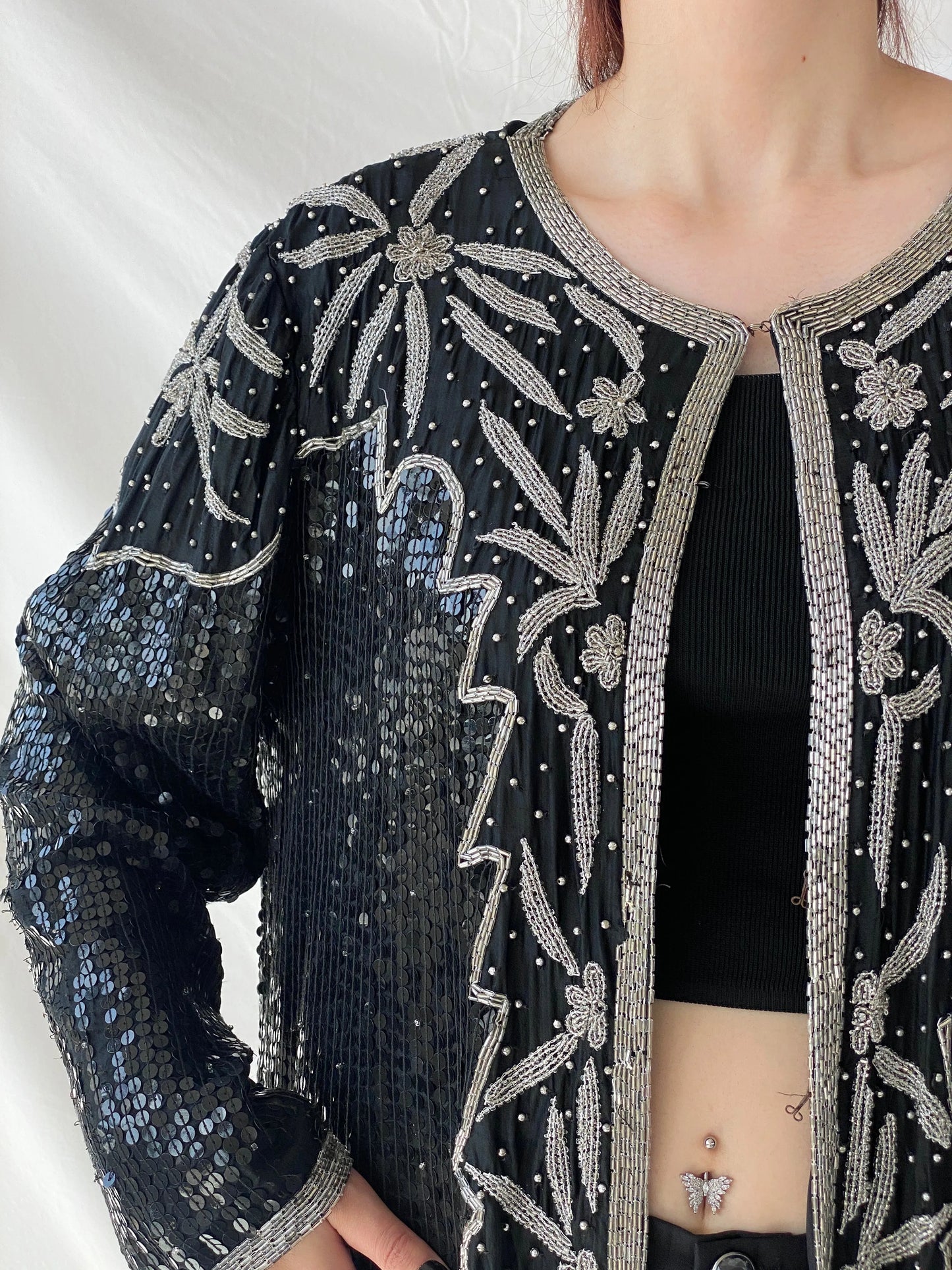 Vintage 80s Midnight Run Black Silver Sequin Beaded Silk Blazer Sparkle Party Jacket - XL - Balagan Vintage Blazer 00s, Ayah, beaded bag, Coats&Jackets, rare find, rare vintage, Women's Blazers