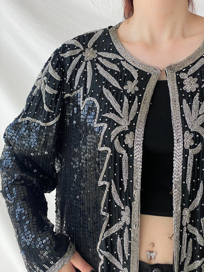 Vintage 80s Midnight Run Black Silver Sequin Beaded Silk Blazer Sparkle Party Jacket - XL - Balagan Vintage Blazer 00s, Ayah, beaded bag, Coats&Jackets, rare find, rare vintage, Women's Blazers