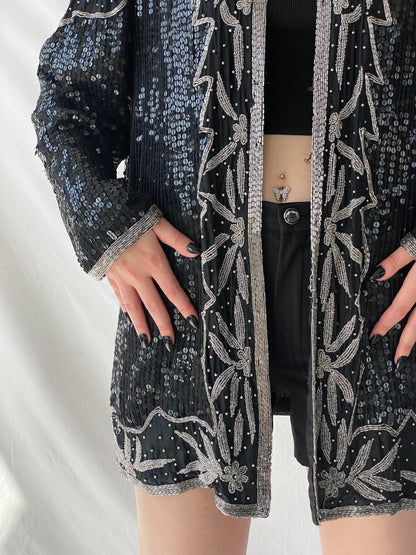 Vintage 80s Midnight Run Black Silver Sequin Beaded Silk Blazer Sparkle Party Jacket - XL - Balagan Vintage Blazer 00s, Ayah, beaded bag, Coats&Jackets, rare find, rare vintage, Women's Blazers