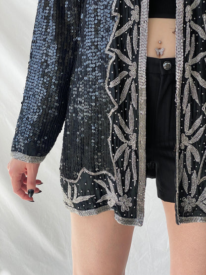 Vintage 80s Midnight Run Black Silver Sequin Beaded Silk Blazer Sparkle Party Jacket - XL - Balagan Vintage Blazer 00s, Ayah, beaded bag, Coats&Jackets, rare find, rare vintage, Women's Blazers