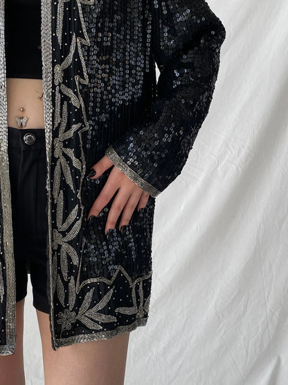 Vintage 80s Midnight Run Black Silver Sequin Beaded Silk Blazer Sparkle Party Jacket - XL - Balagan Vintage Blazer 00s, Ayah, beaded bag, Coats&Jackets, rare find, rare vintage, Women's Blazers