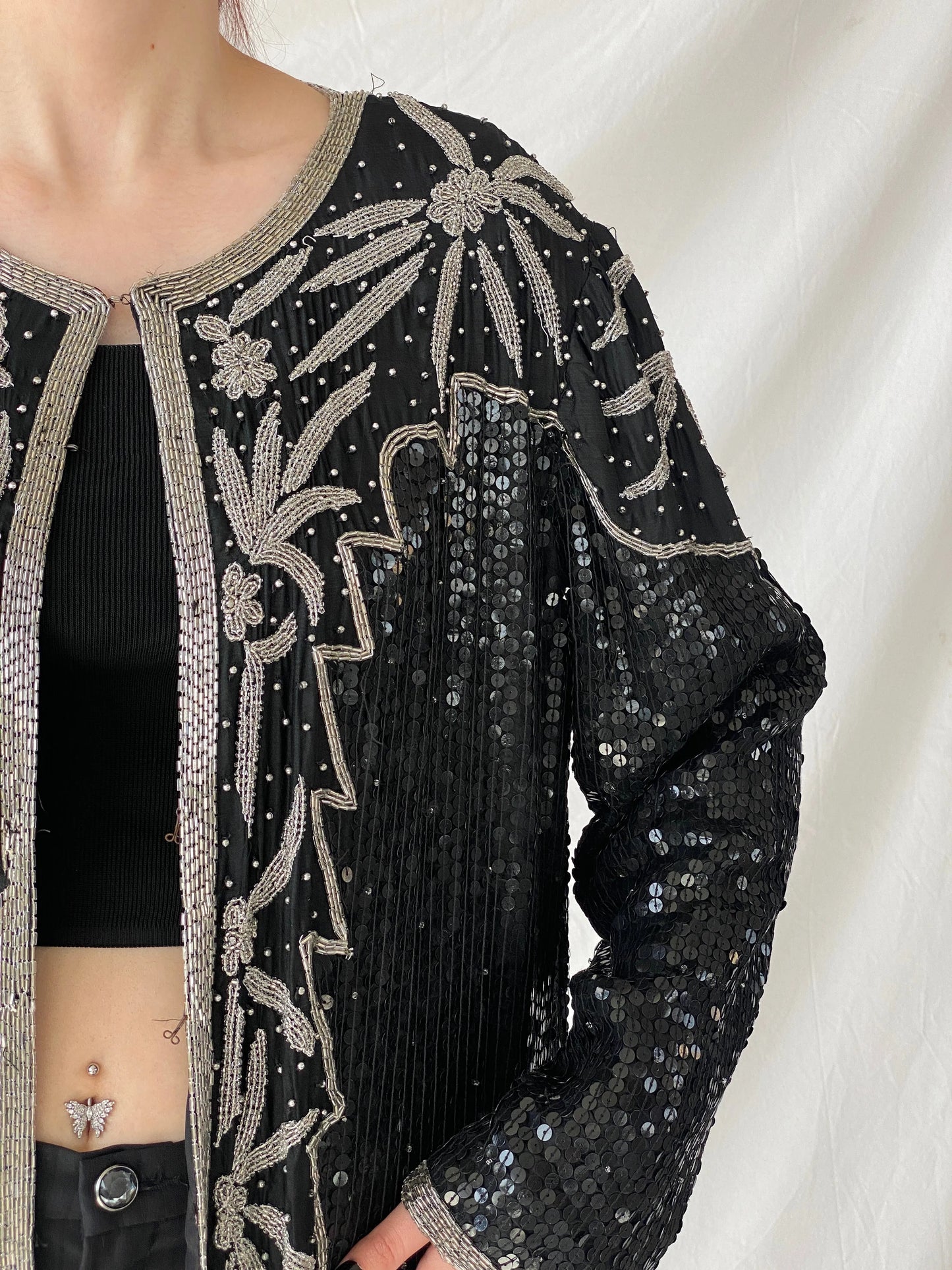 Vintage 80s Midnight Run Black Silver Sequin Beaded Silk Blazer Sparkle Party Jacket - XL - Balagan Vintage Blazer 00s, Ayah, beaded bag, Coats&Jackets, rare find, rare vintage, Women's Blazers