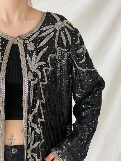 Vintage 80s Midnight Run Black Silver Sequin Beaded Silk Blazer Sparkle Party Jacket - XL - Balagan Vintage Blazer 00s, Ayah, beaded bag, Coats&Jackets, rare find, rare vintage, Women's Blazers