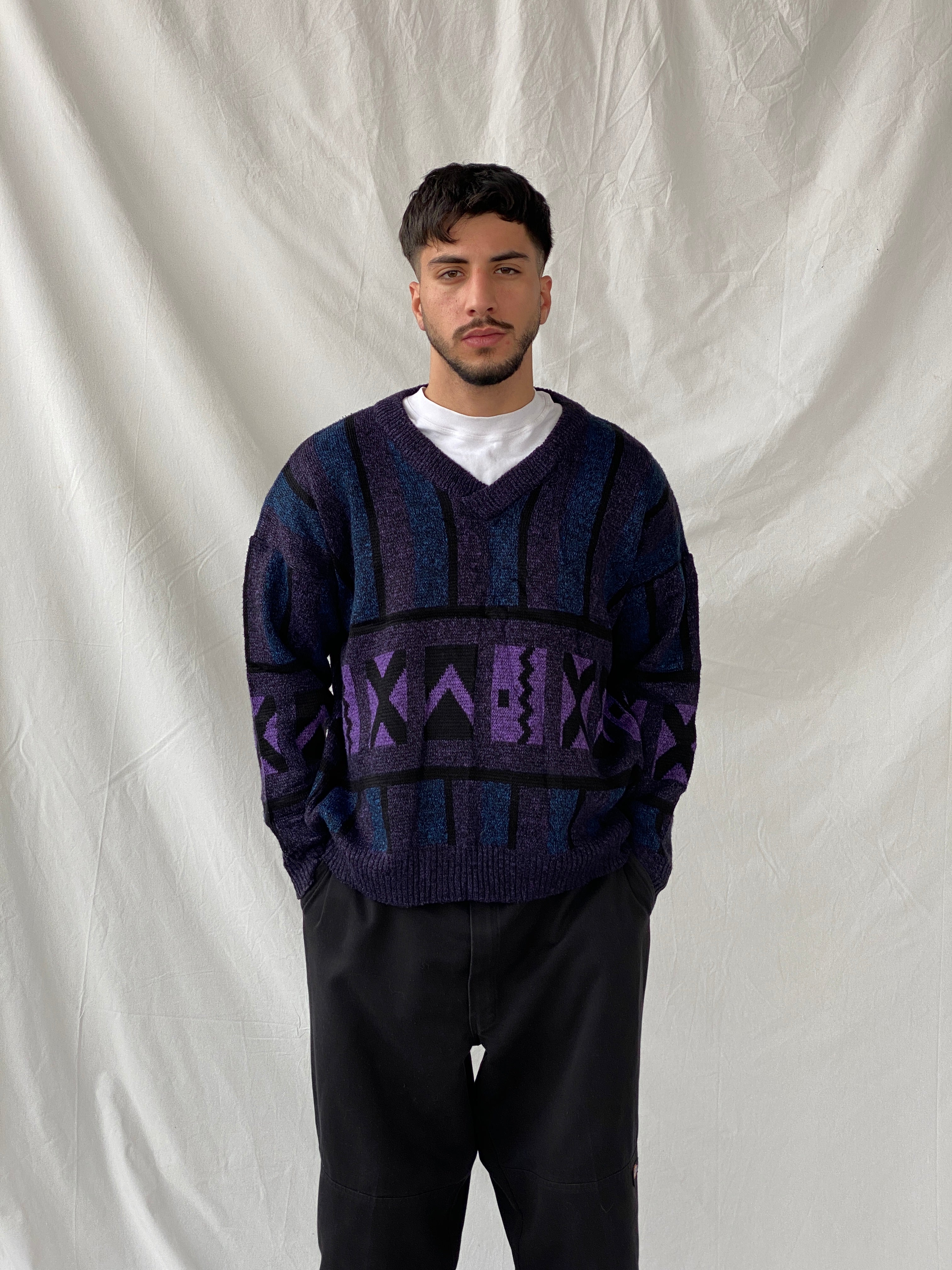 Vintage 80s Pegasus Purple Blue V-Neck Wool Blend Geometric Print Sweater - M - Balagan Vintage Sweater 90s, Hamza, knit, knitted, knitted sweater, men, NEW IN, streetwear, vintage, vintage sweater, winter