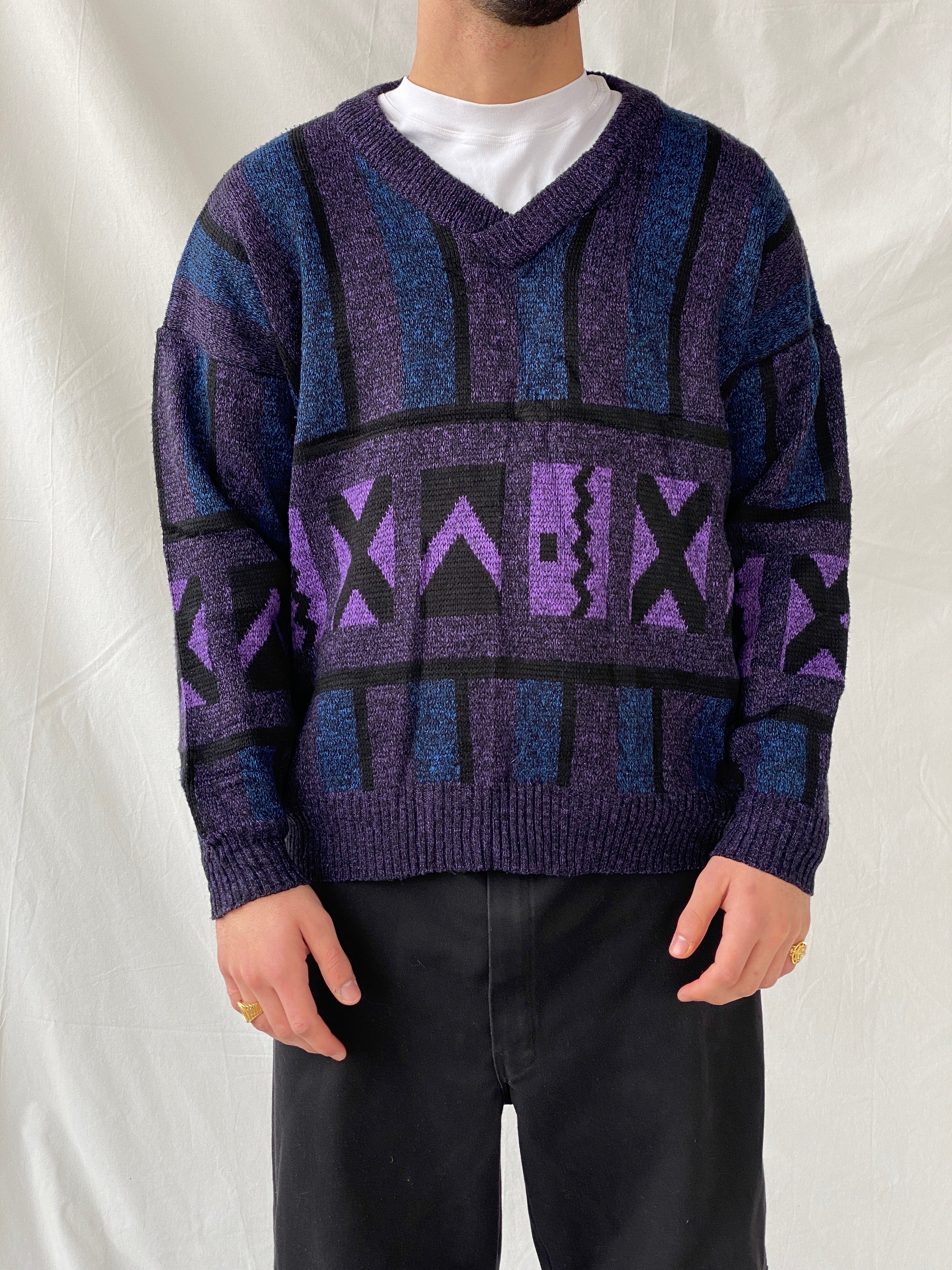 Vintage 80s Pegasus Purple Blue V-Neck Wool Blend Geometric Print Sweater - M - Balagan Vintage Sweater 90s, Hamza, knit, knitted, knitted sweater, men, NEW IN, streetwear, vintage, vintage sweater, winter