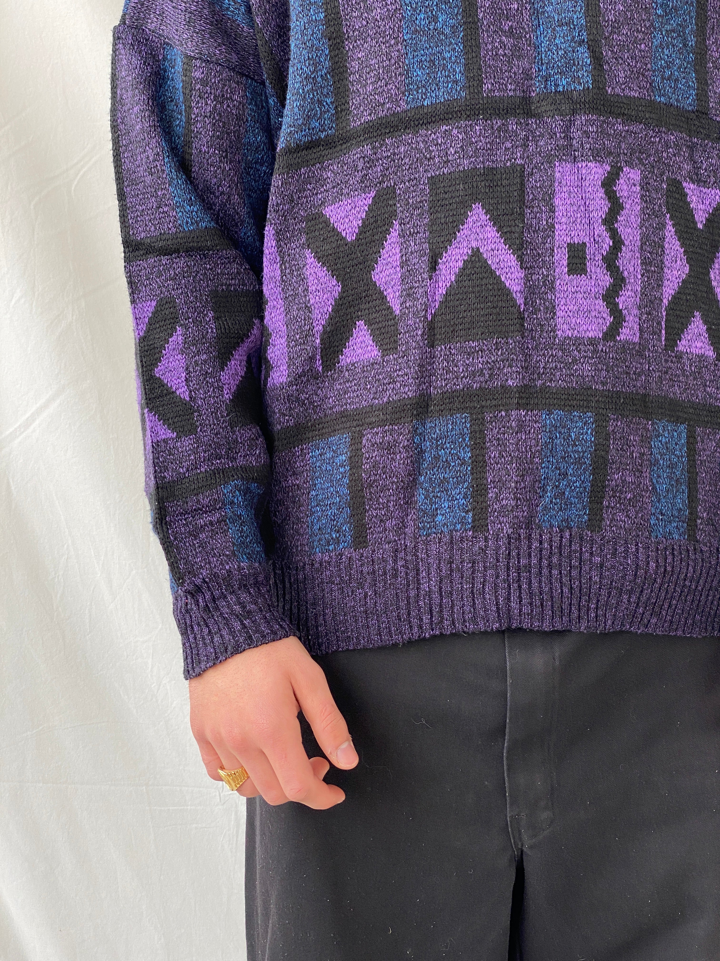 Vintage 80s Pegasus Purple Blue V-Neck Wool Blend Geometric Print Sweater - M - Balagan Vintage Sweater 90s, Hamza, knit, knitted, knitted sweater, men, NEW IN, streetwear, vintage, vintage sweater, winter