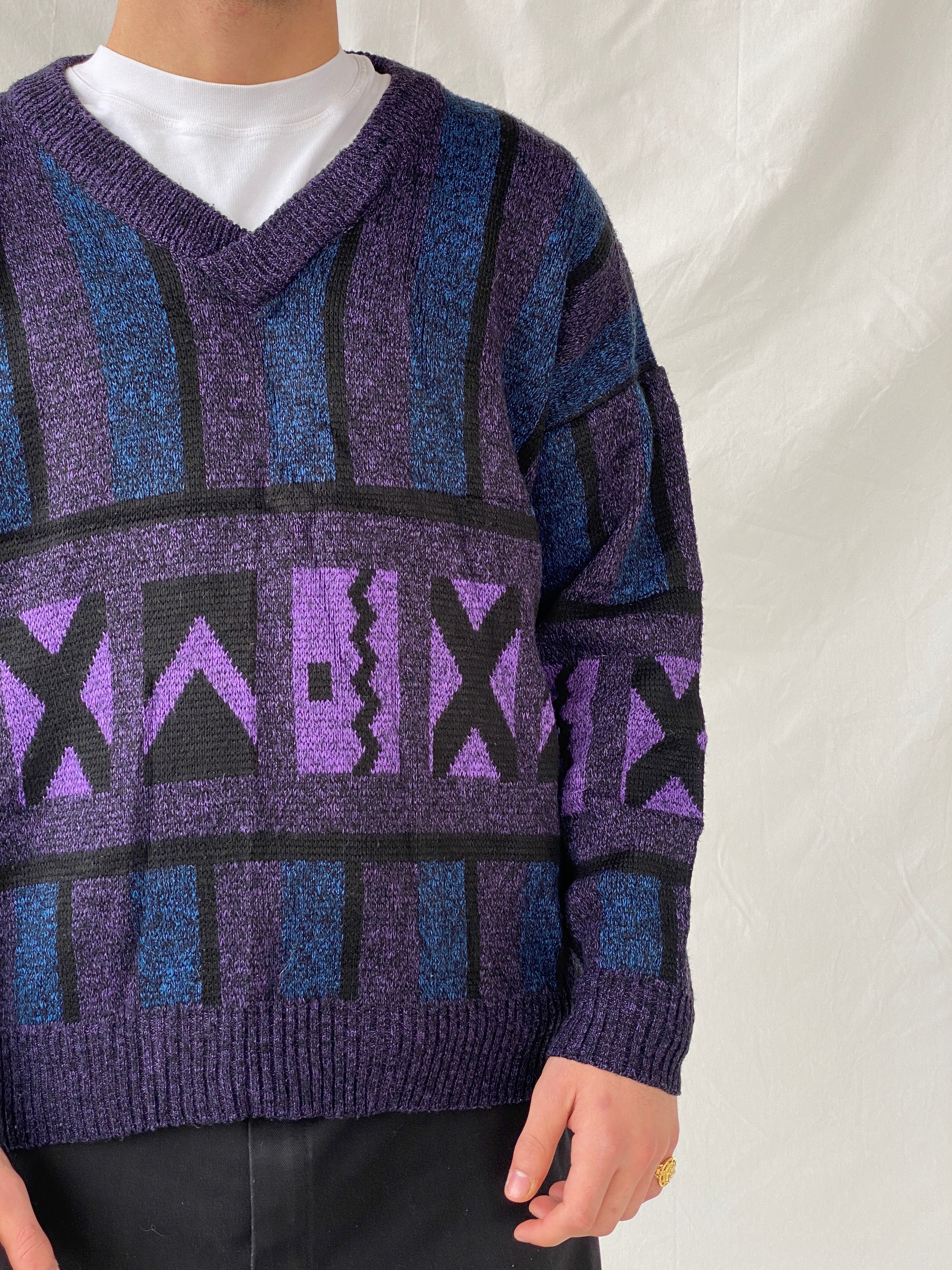 Vintage 80s Pegasus Purple Blue V-Neck Wool Blend Geometric Print Sweater - M - Balagan Vintage Sweater 90s, Hamza, knit, knitted, knitted sweater, men, NEW IN, streetwear, vintage, vintage sweater, winter