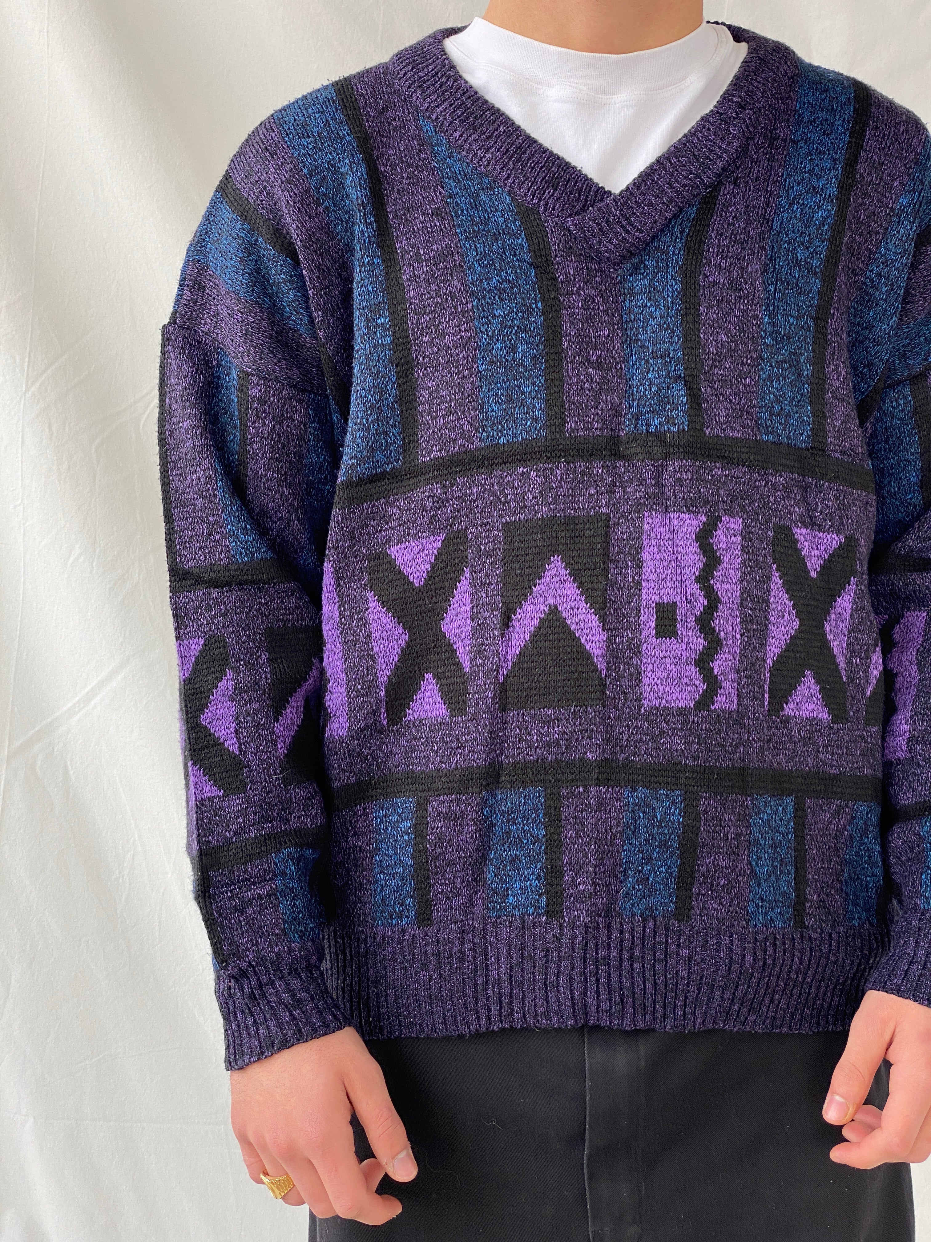 Vintage 80s Pegasus Purple Blue V-Neck Wool Blend Geometric Print Sweater - M - Balagan Vintage Sweater 90s, Hamza, knit, knitted, knitted sweater, men, NEW IN, streetwear, vintage, vintage sweater, winter