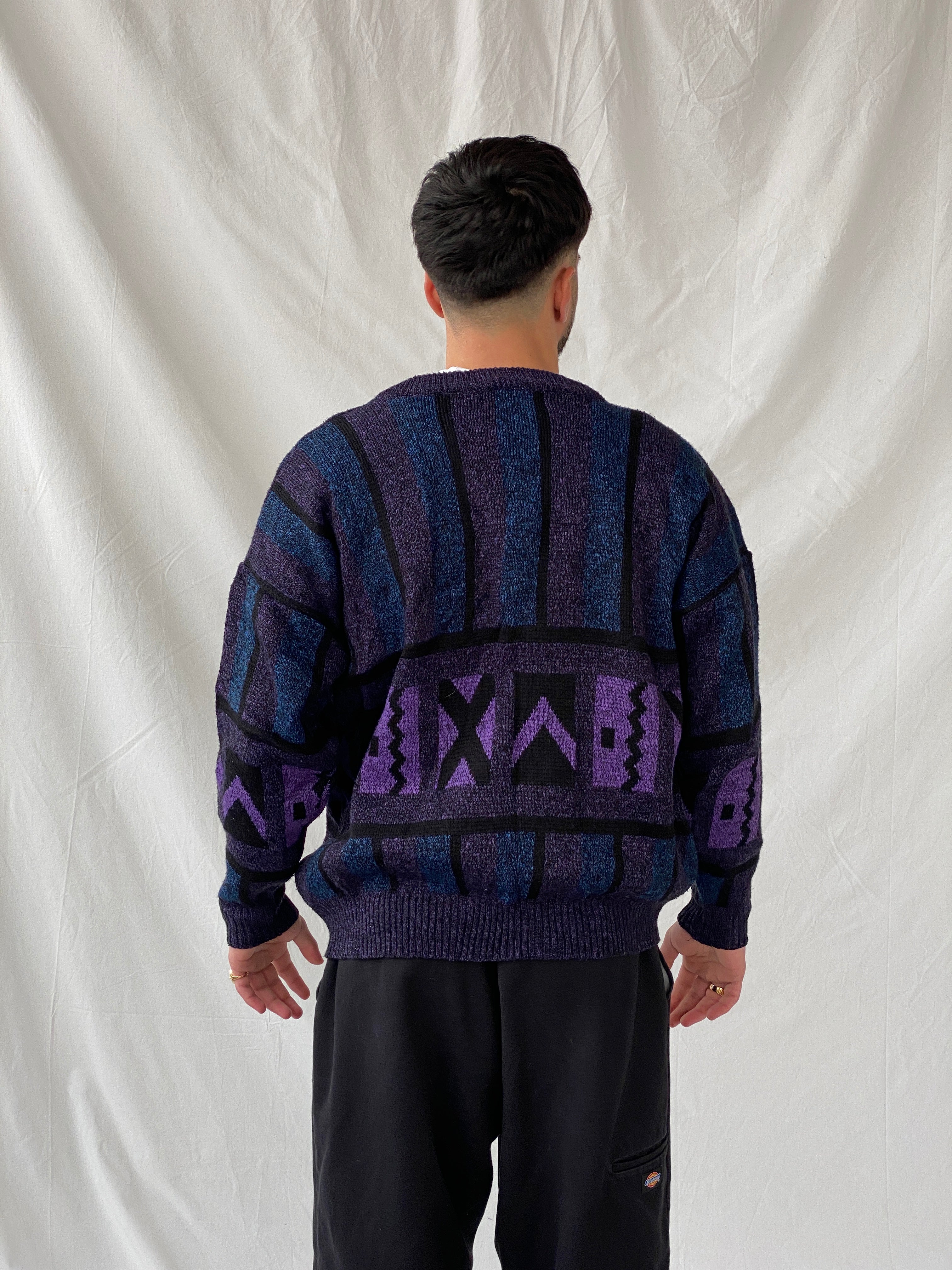 Vintage 80s Pegasus Purple Blue V-Neck Wool Blend Geometric Print Sweater - M - Balagan Vintage Sweater 90s, Hamza, knit, knitted, knitted sweater, men, NEW IN, streetwear, vintage, vintage sweater, winter