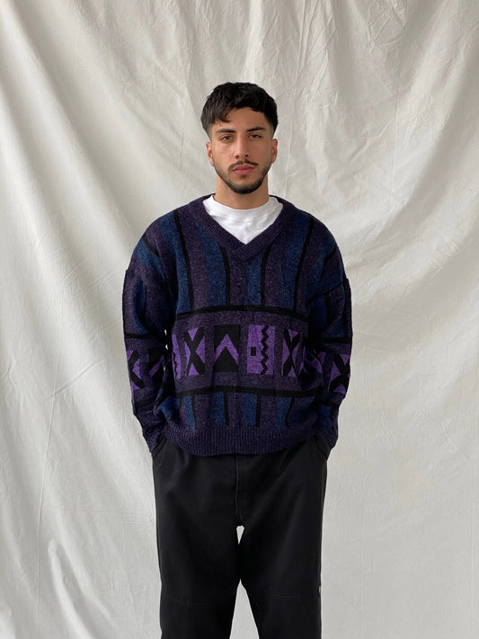 Vintage 80s Pegasus Purple Blue V-Neck Wool Blend Geometric Print Sweater - M - Balagan Vintage Sweater 90s, Hamza, knit, knitted, knitted sweater, men, streetwear, vintage, vintage sweater, winter