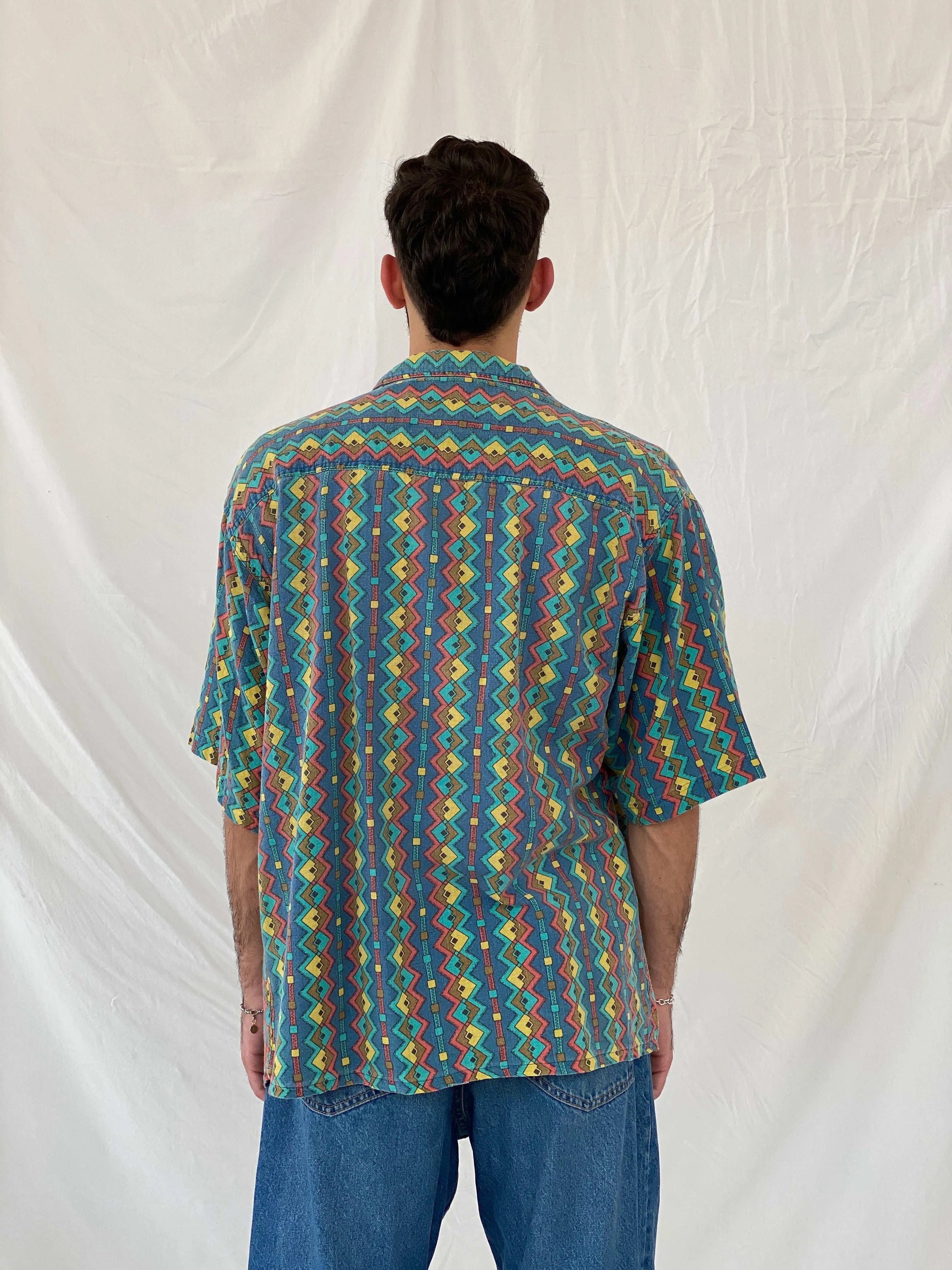 Vintage 80s Pier Connection Geometric Multi-Colored Shirt Size XL - Balagan Vintage Half Sleeve Shirt 80s, Awsam, half sleeve shirt, mens shirt, printed shirt