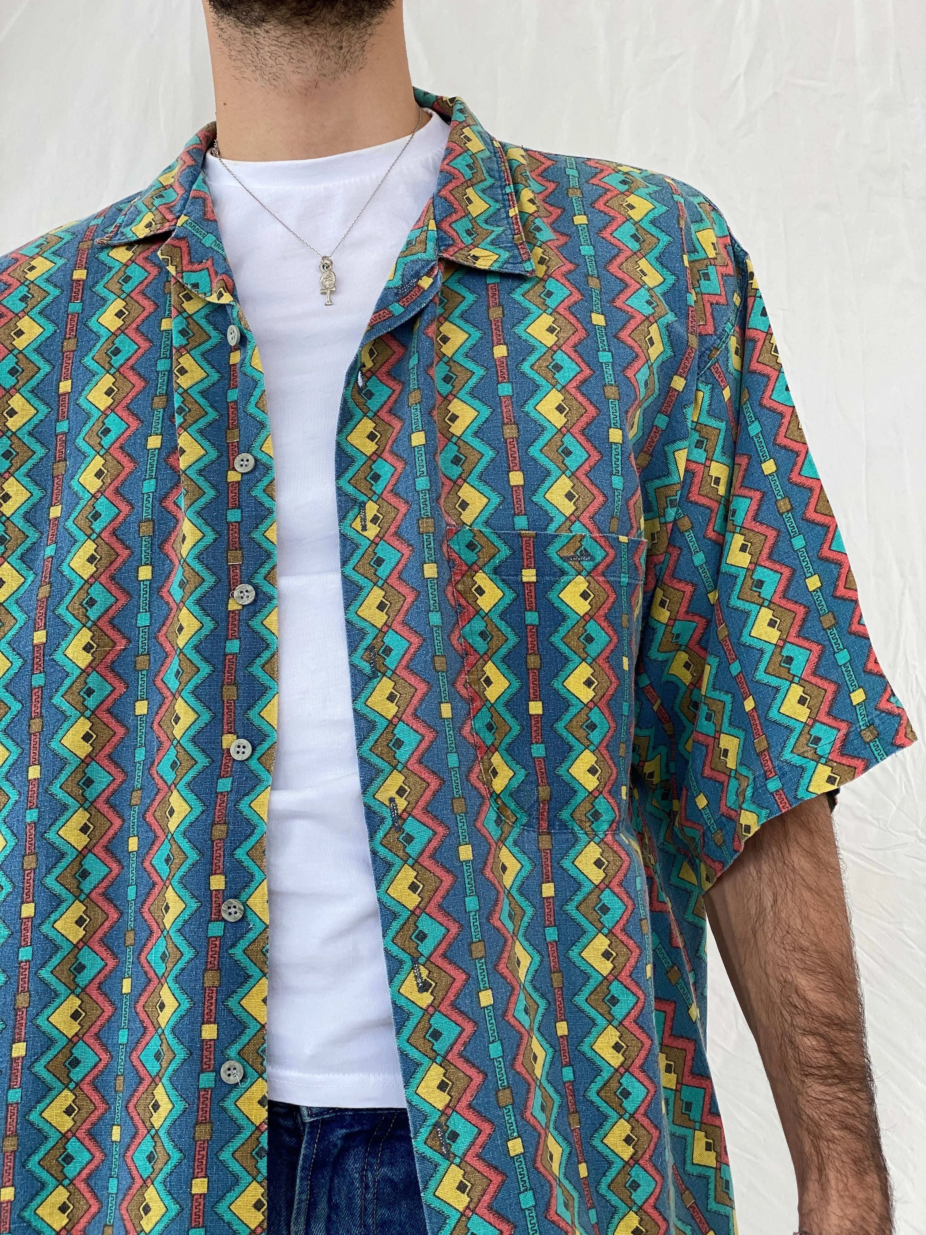 Vintage 80s Pier Connection Geometric Multi-Colored Shirt Size XL - Balagan Vintage Half Sleeve Shirt 80s, Awsam, half sleeve shirt, mens shirt, printed shirt